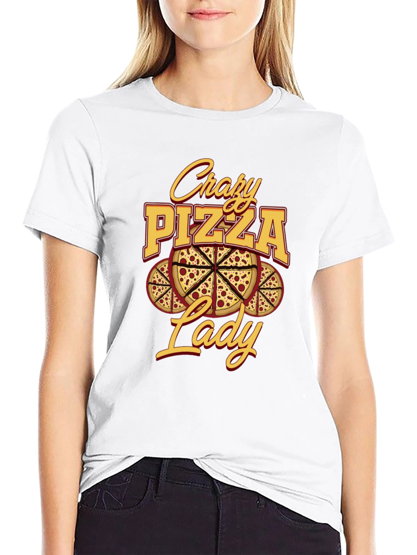 Black Crazy Pizza Lady Graphic Tee - Unisex Black T-Shirt view 9