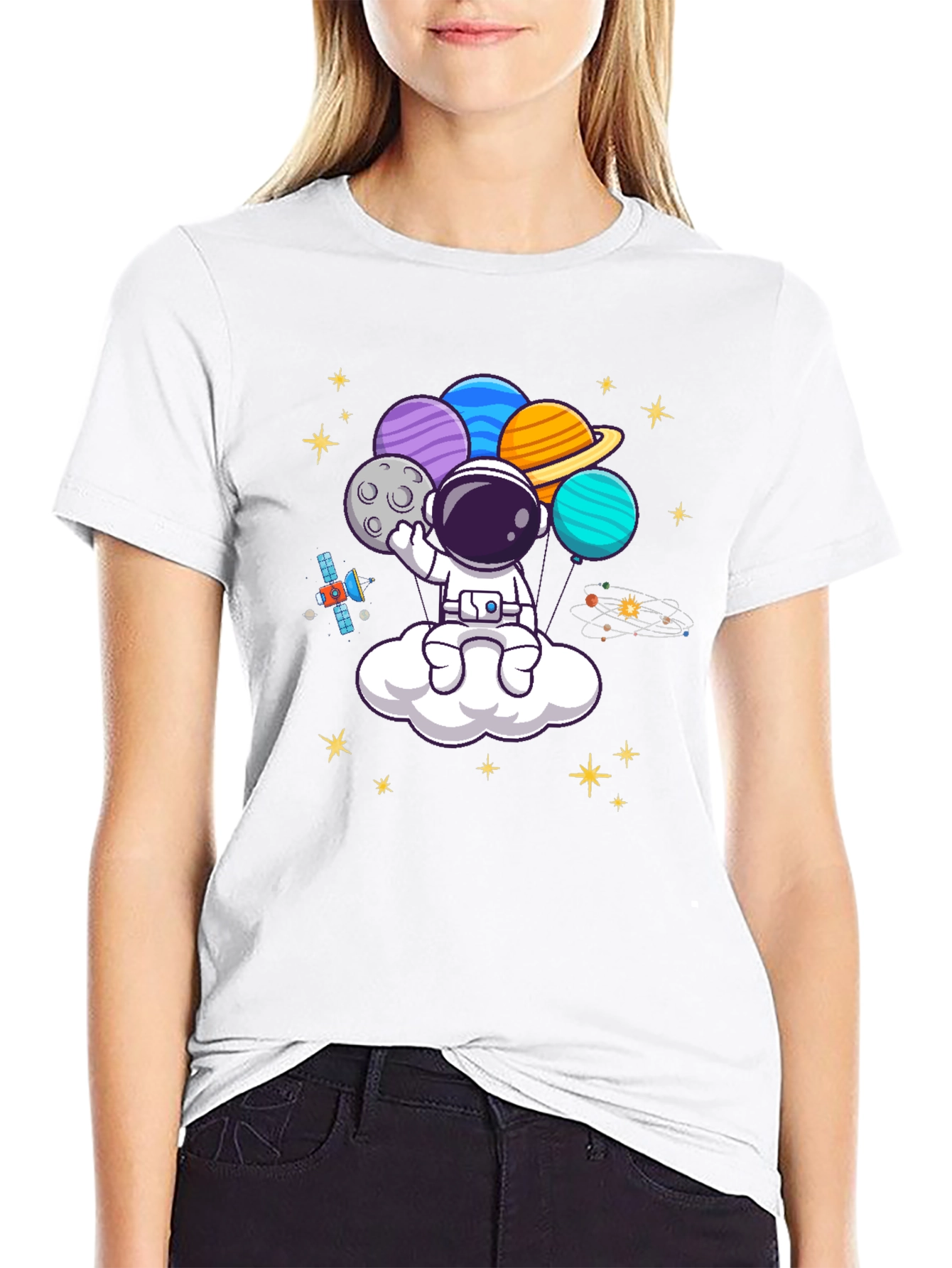 Black Astronaut Planet Balloons Graphic Tee - Black view 9