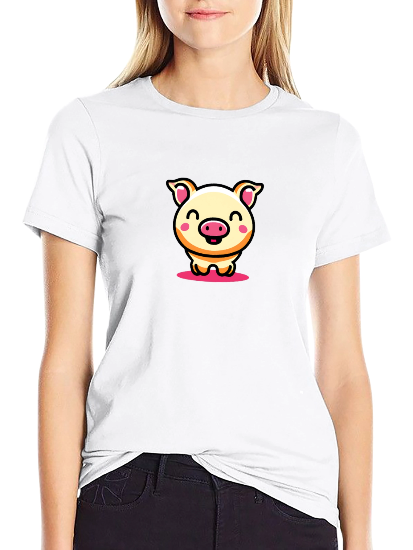 Black Cute Pig Cartoon Black T-Shirt view 9