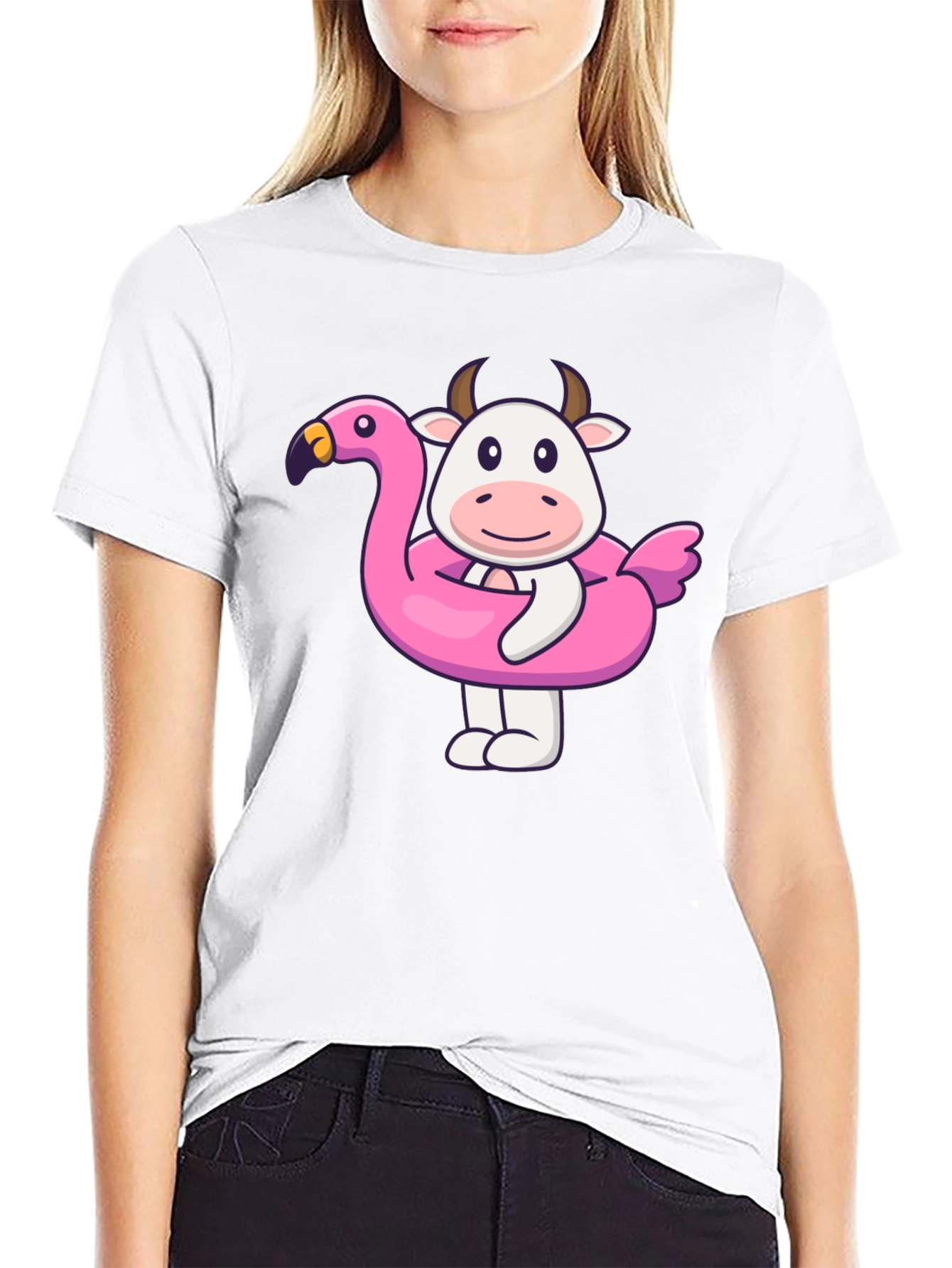 Black Funny Cow Flamingo Pool Float Black T-Shirt view 9