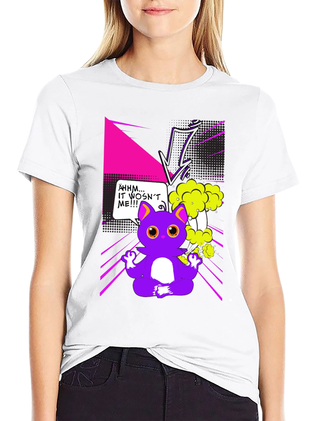 Black Funny Cartoon Cat Graphic T-Shirt view 9