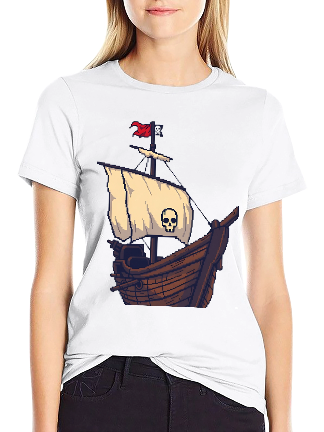Pirate Ship Pixel Art Black T-Shirt - 9