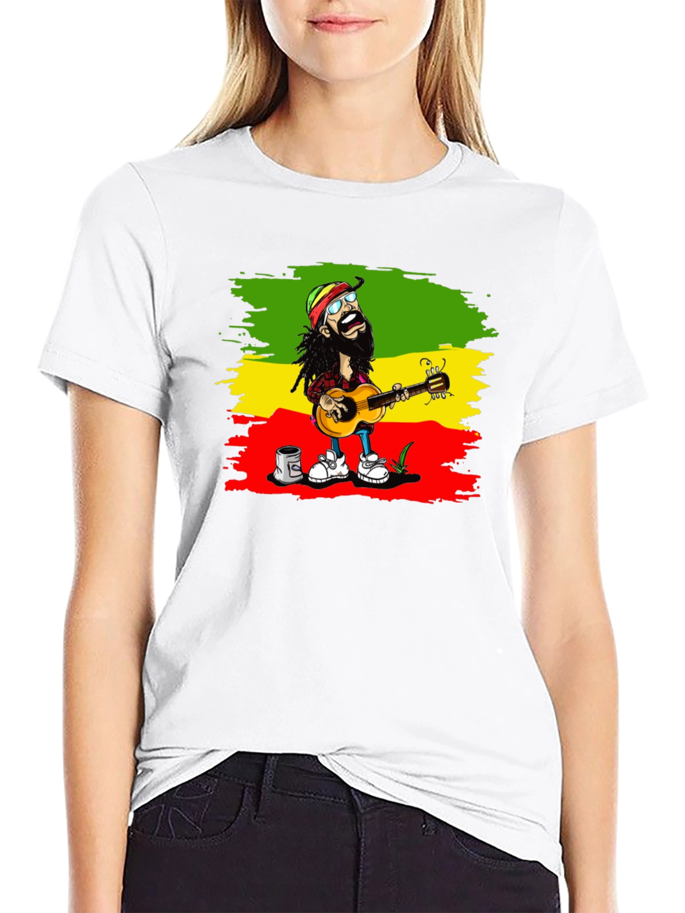 Black Rasta Cartoon Guitarist T-Shirt view 9