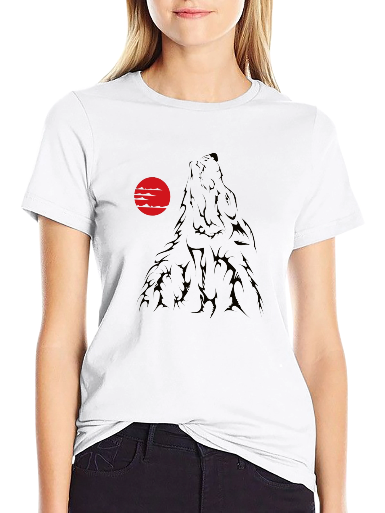 Black Wolf Howling at Red Moon Black T-Shirt view 9