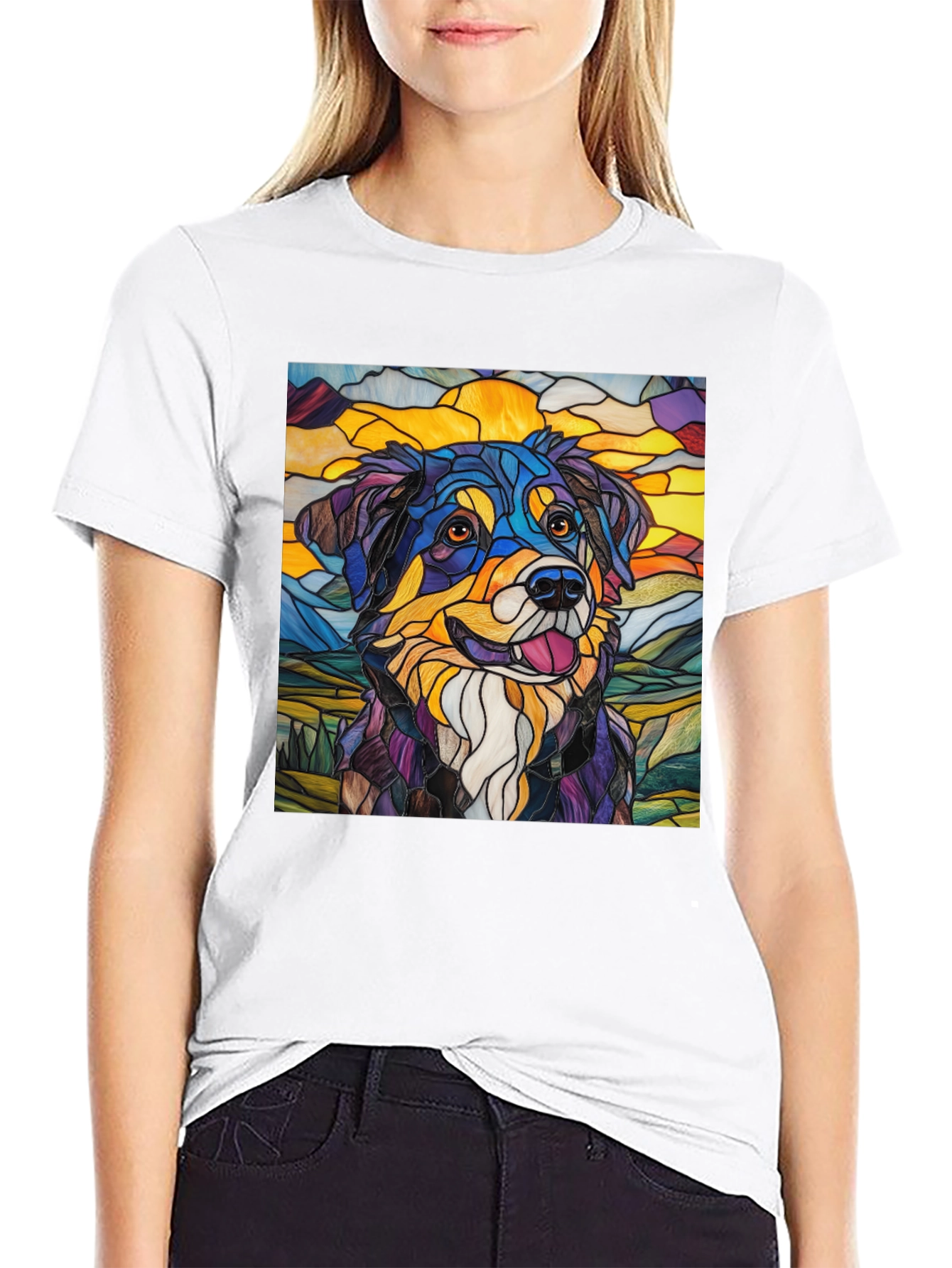 Black Stained Glass Dog Art Tee view 9