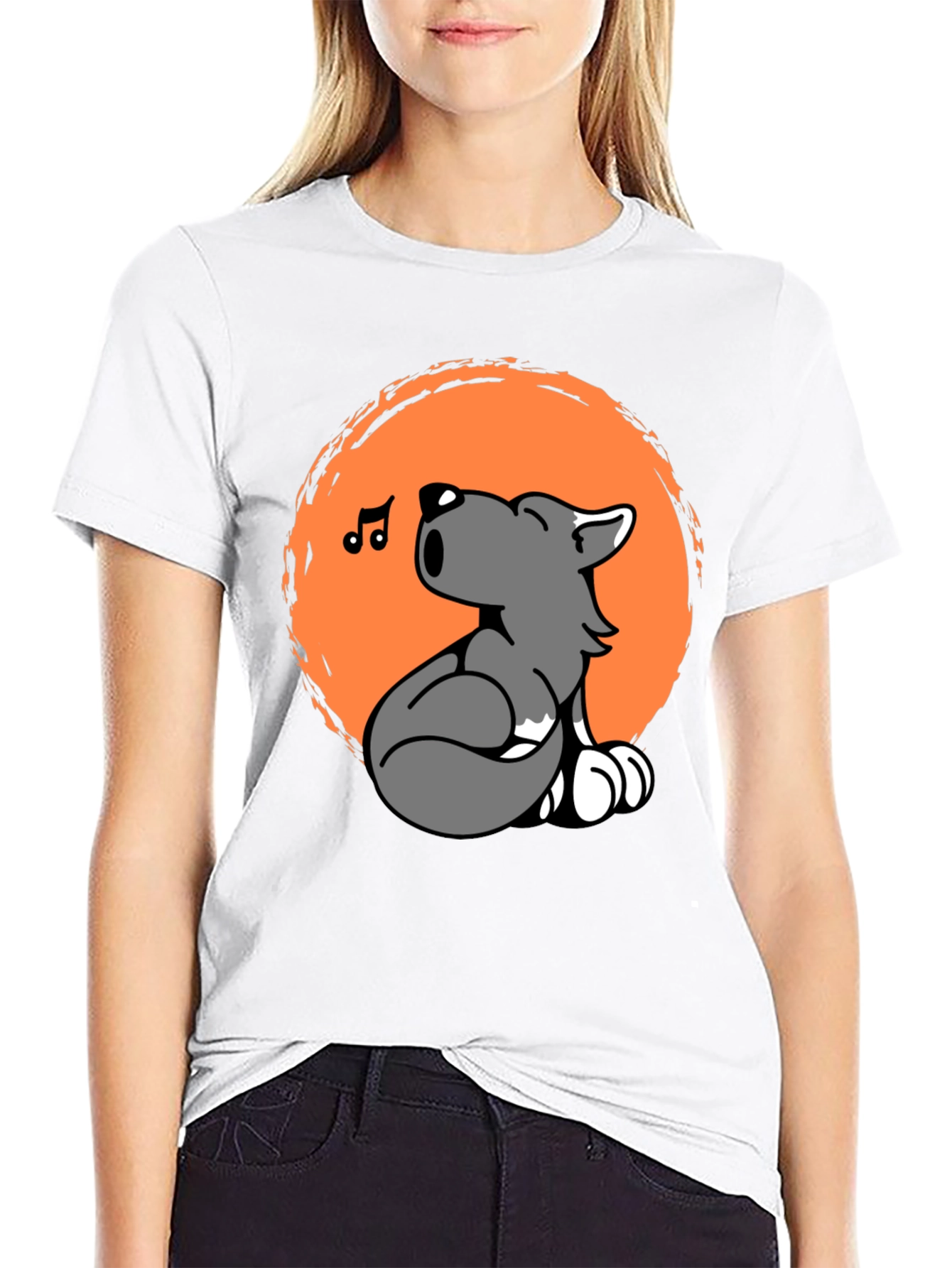 Black Cartoon Wolf Howling Graphic Tee - Black Unisex T-Shirt view 9
