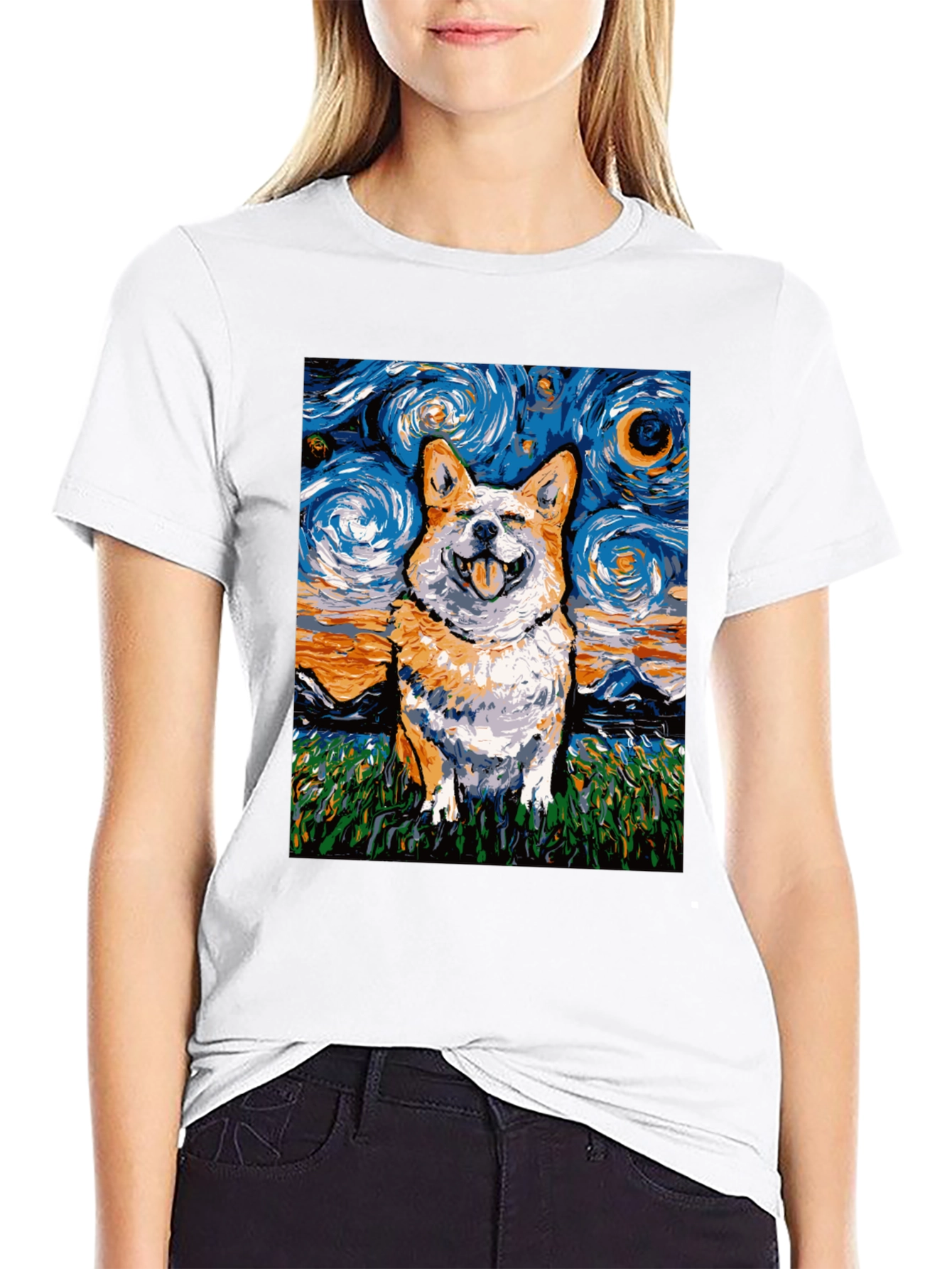 Black Starry Night Corgi T-Shirt - Artistic Dog Lover Tee view 9