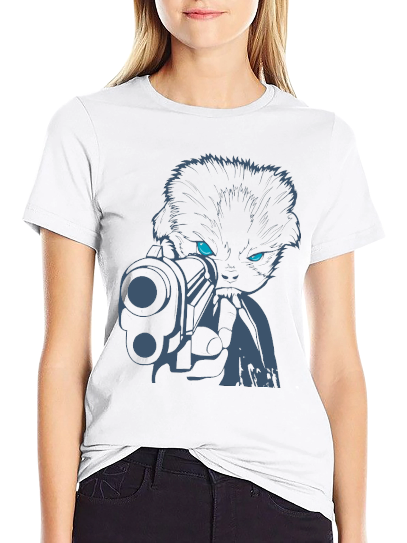 Black Cool Cat with Gun Graphic Tee - Black Cotton T-Shirt view 9