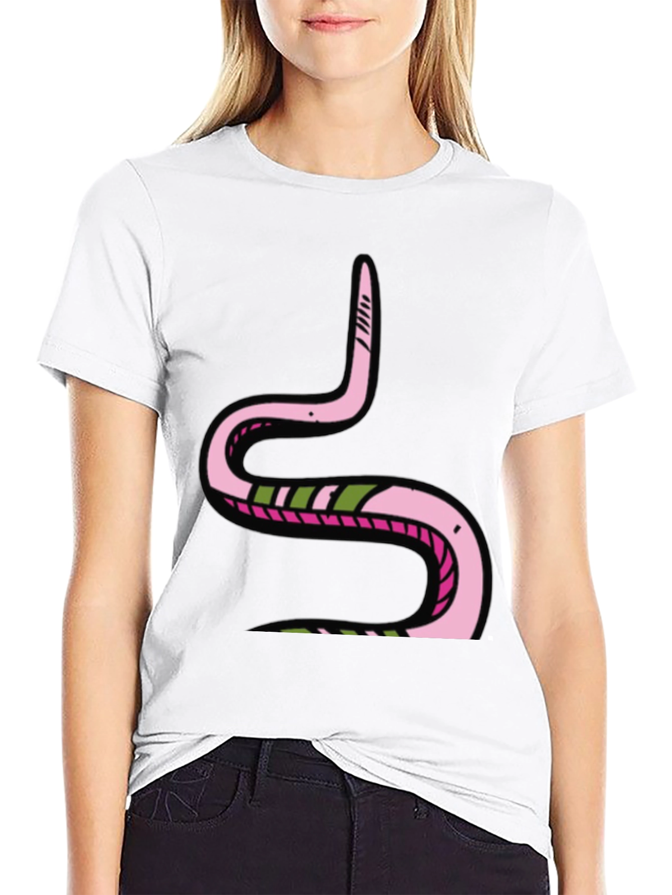 Black Pink Snake Graphic Black Tee - Fun Cartoon Style view 9