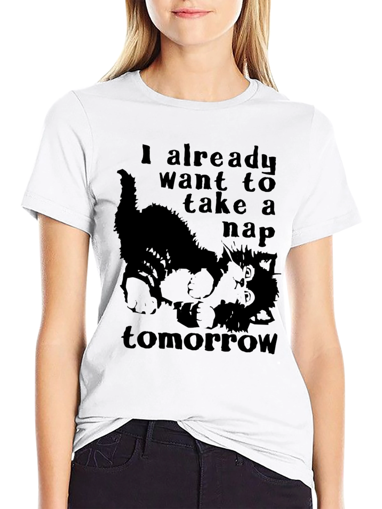 Black Funny Cat Nap T-Shirt - I Already Want to Take a Nap Tomorrow Tee view 9