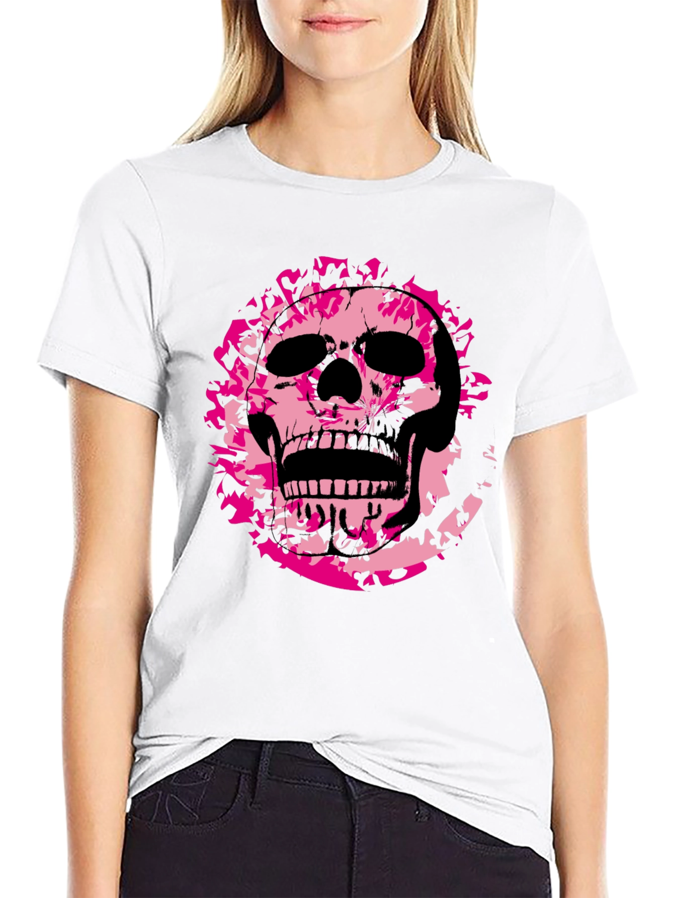 Black Edgy Pink Skull Graphic Black T-Shirt view 9