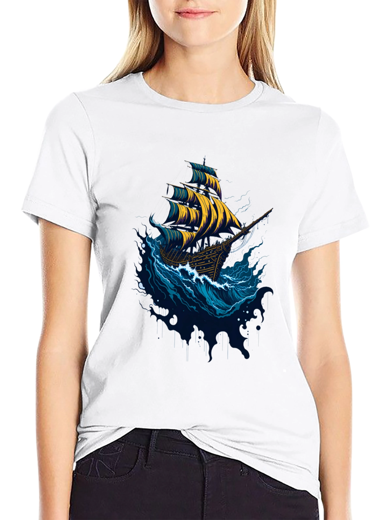 Black Nautical Ship Graphic Tee - Black Cotton T-Shirt view 9