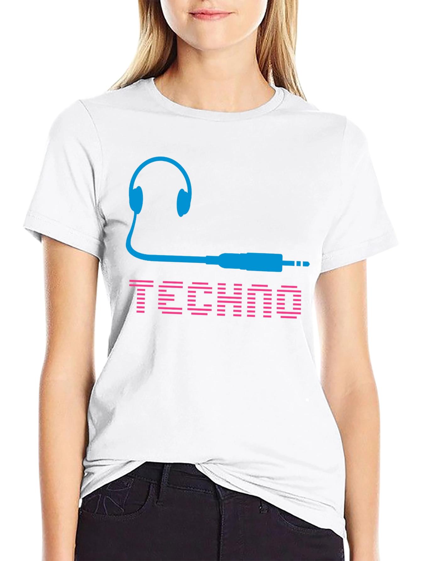 Black Techno Music T-Shirt - Headphones and Audio Jack Design view 9
