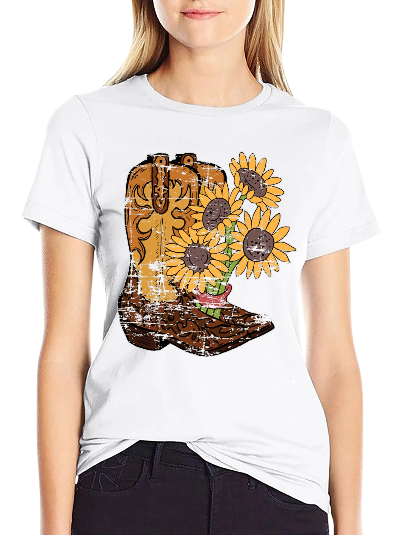 Black Cowboy Boot & Sunflower Graphic T-Shirt view 9