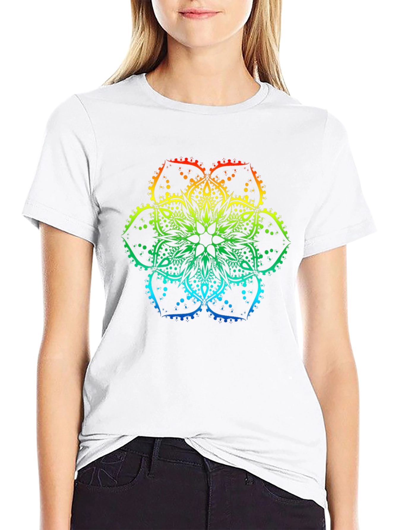 Black Rainbow Mandala Print Black T-Shirt view 9