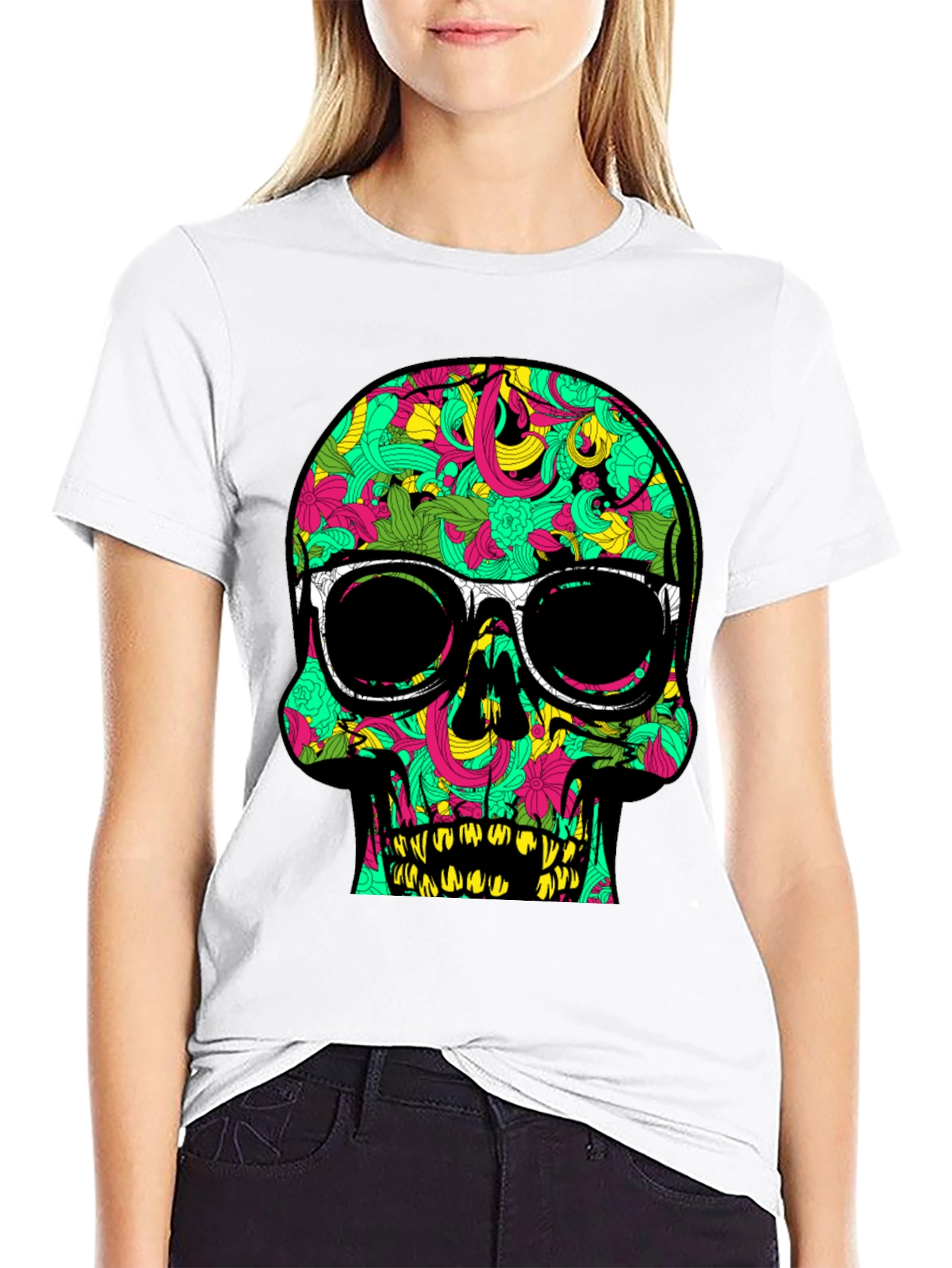 Black Cool Skull T-Shirt with Floral Pattern and Sunglasses view 9