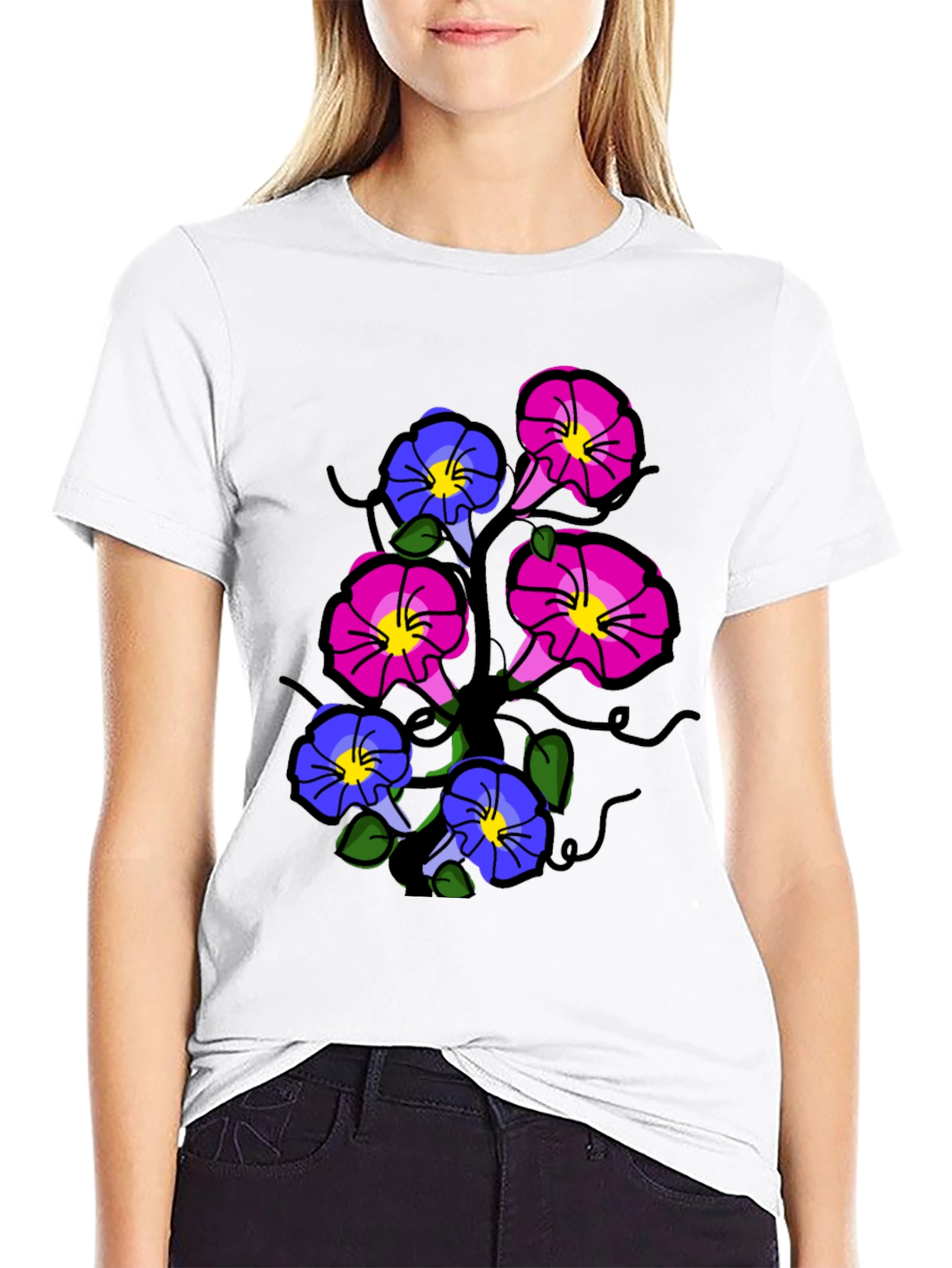 Black Floral Print T-Shirt - Unique Flower Design view 9