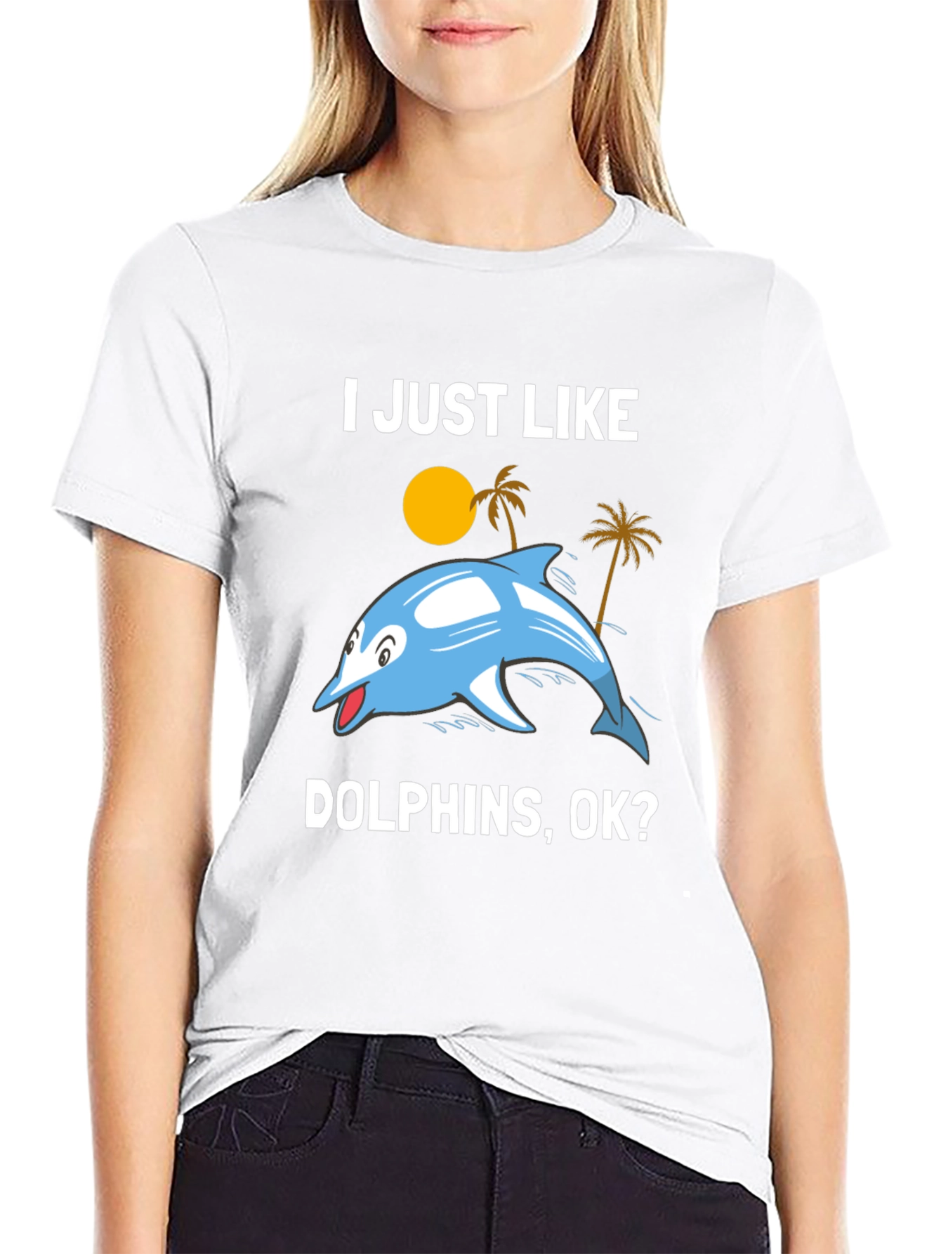 Black I Just Like Dolphins, OK? Graphic T-Shirt view 9