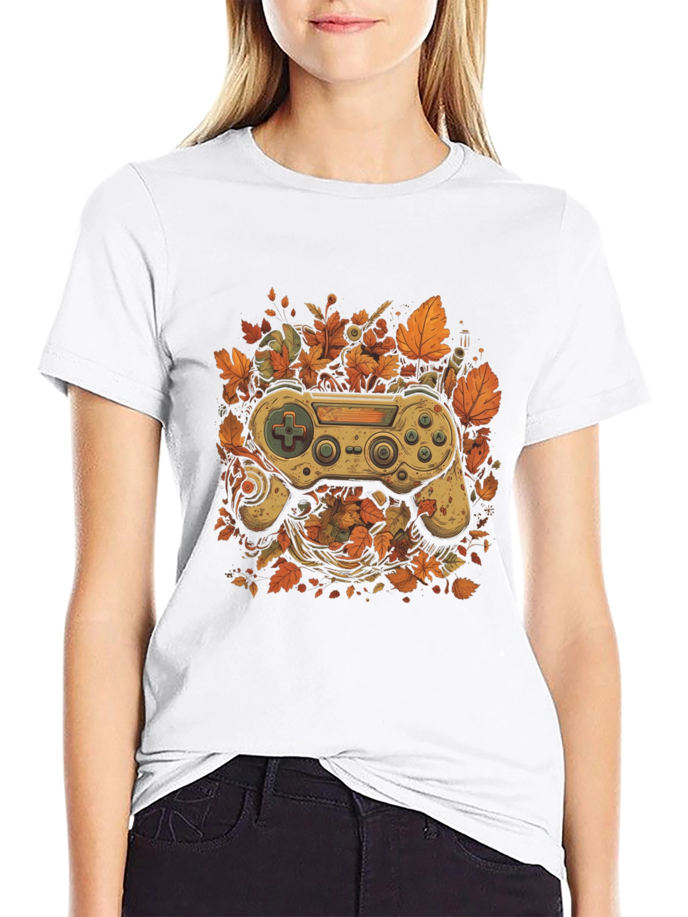 Black Gamer's Fall T-Shirt - Unique Controller Leaf Design view 9