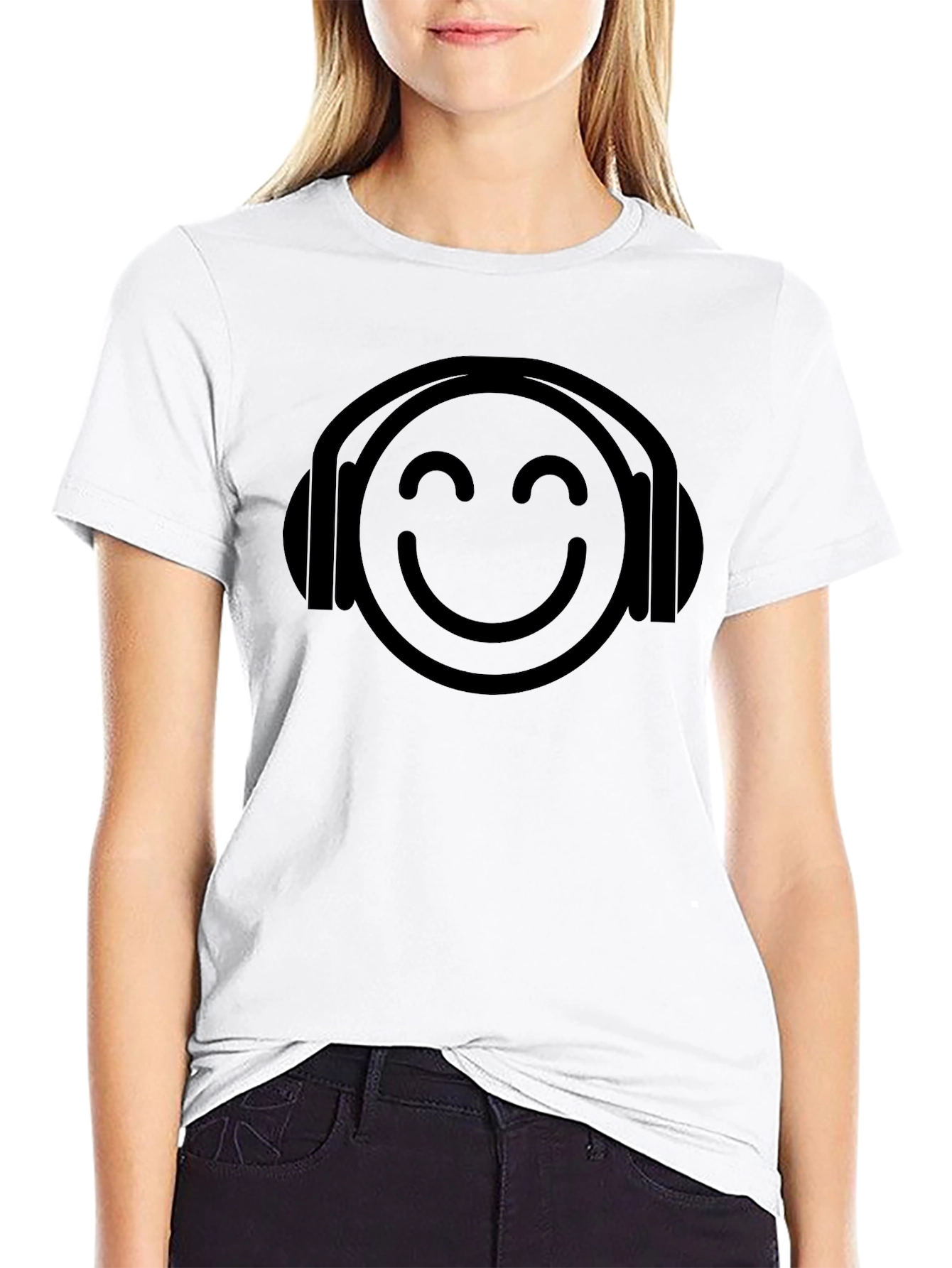 Black Smiley Face Headphones Black T-Shirt view 9