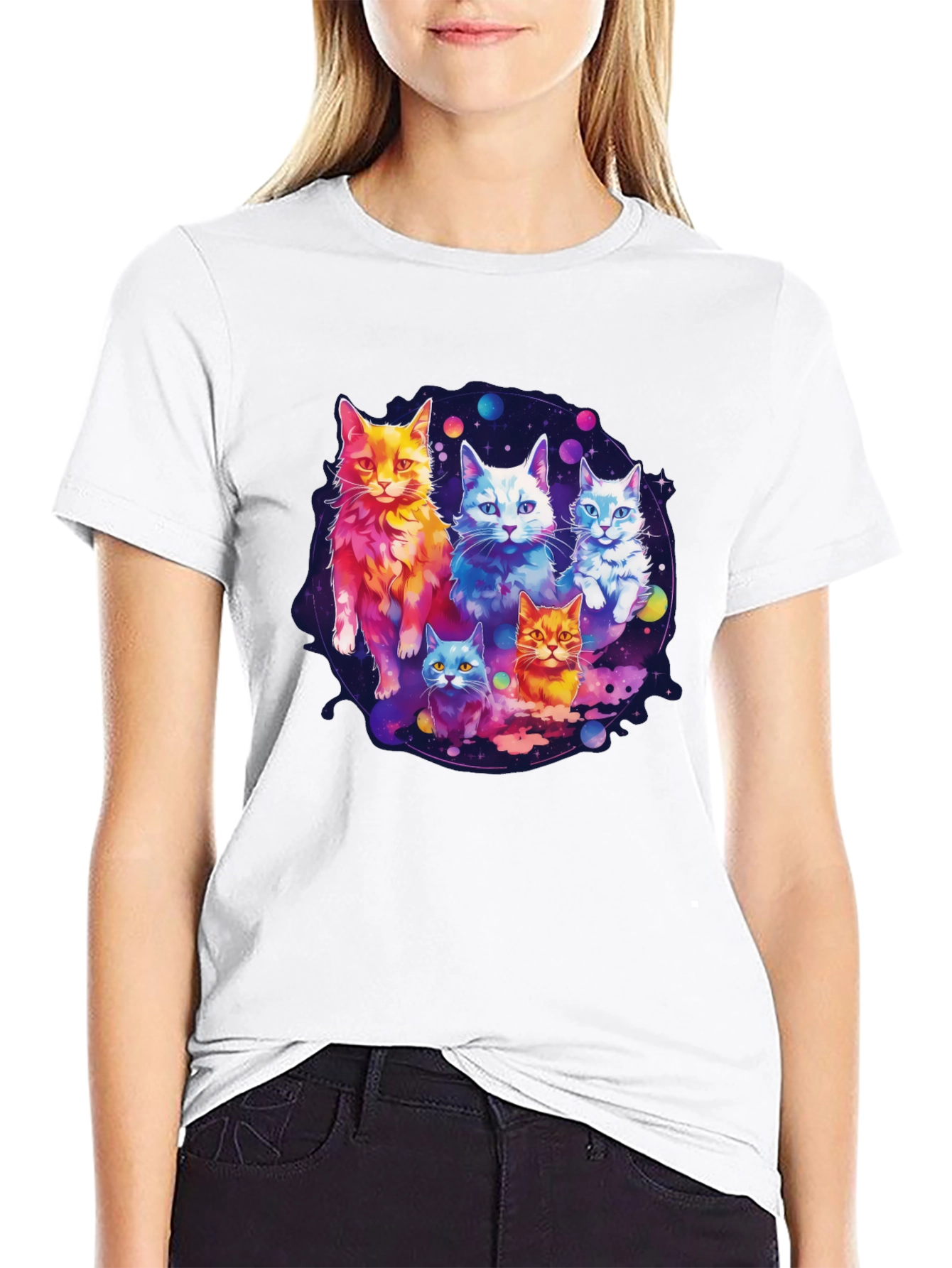 Black Cosmic Cat Crew T-Shirt - Galaxy Feline Design view 9