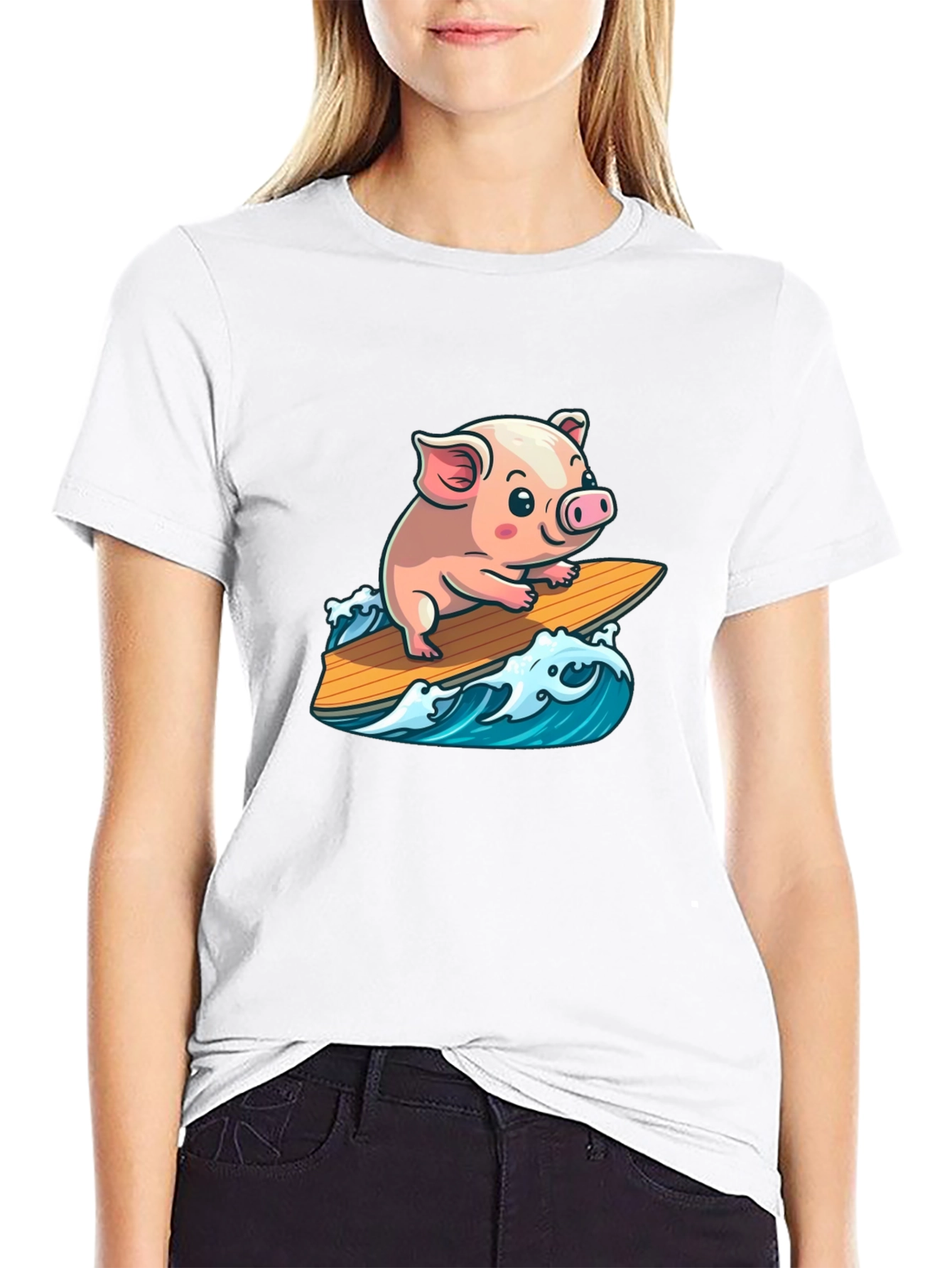 Black Surfing Pig T-Shirt - Cute Cartoon Animal Tee view 9