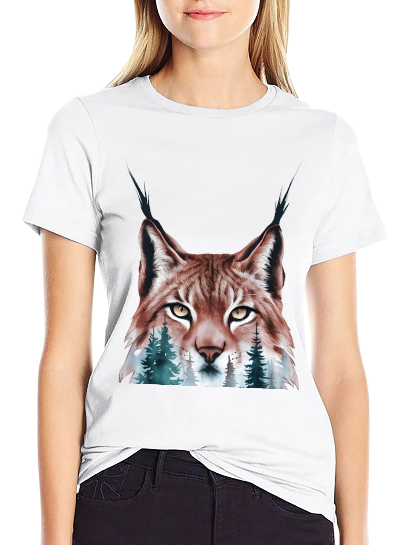 Black Lynx & Forest Graphic Print T-Shirt - Nature Inspired Tee view 9