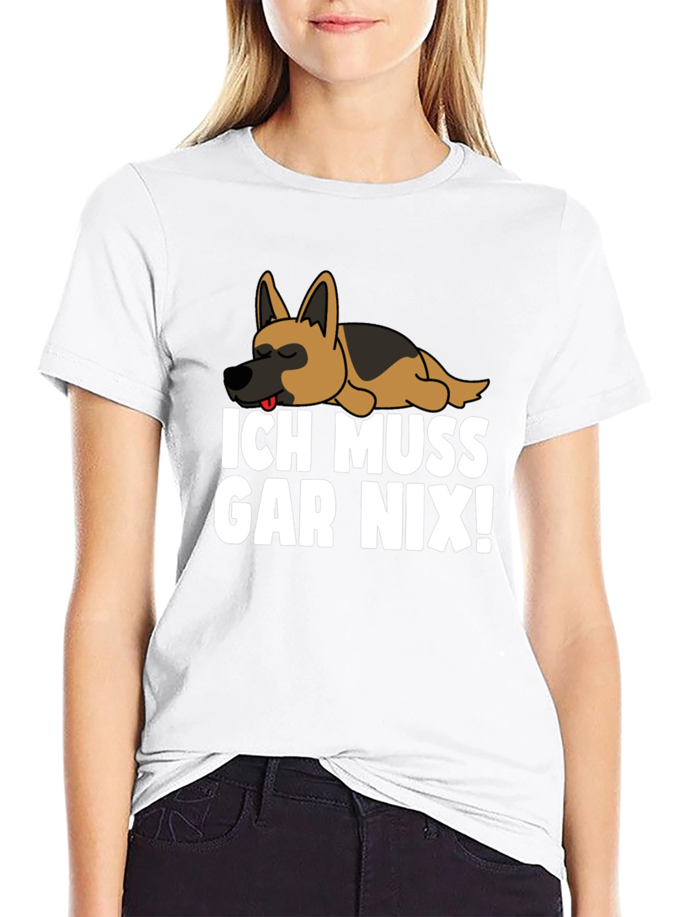 Black Ich Muss Gar Nix! T-Shirt with Sleeping German Shepherd view 9