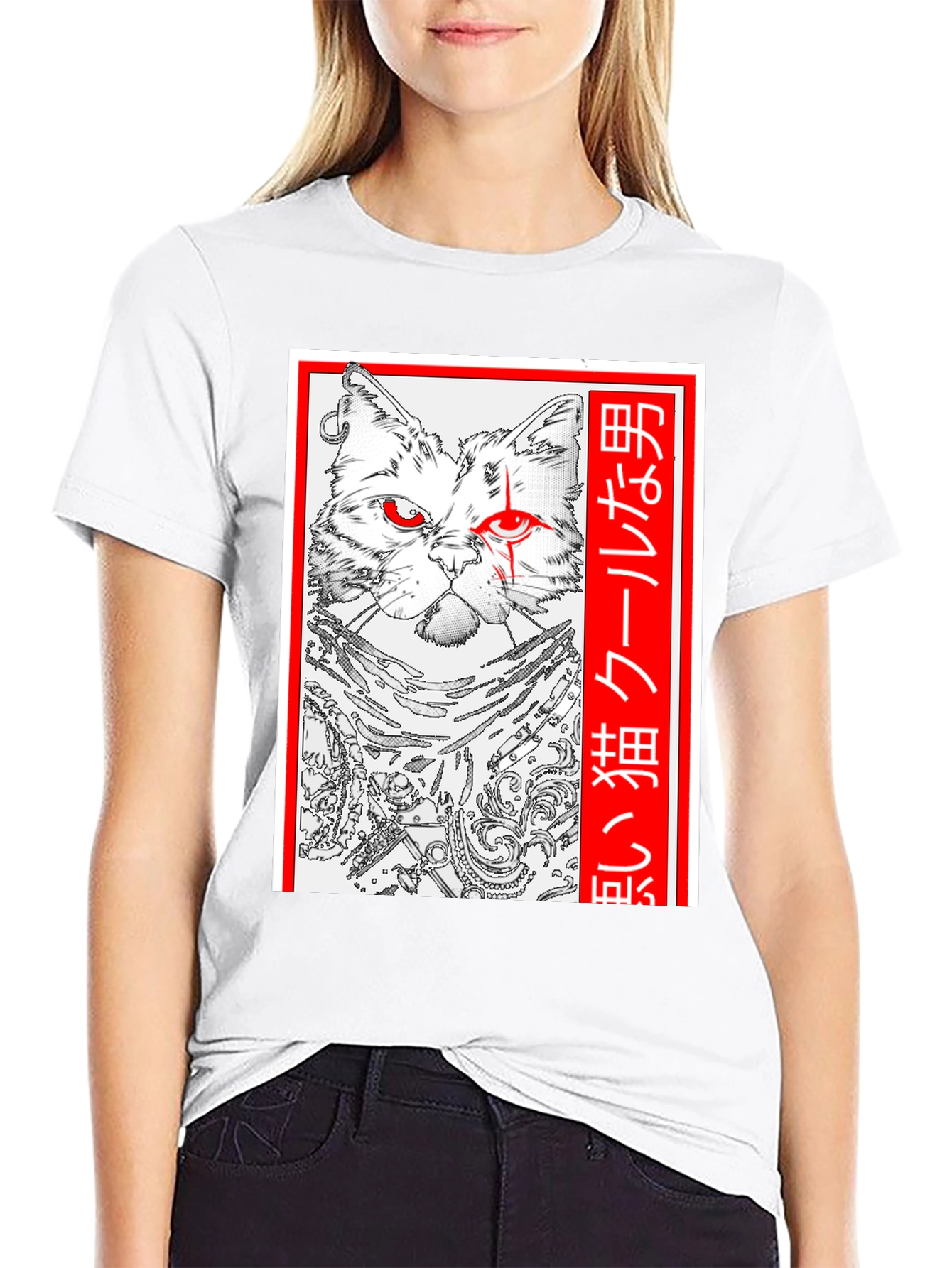 Black Cool Cat Anime Graphic T-Shirt - Black view 9