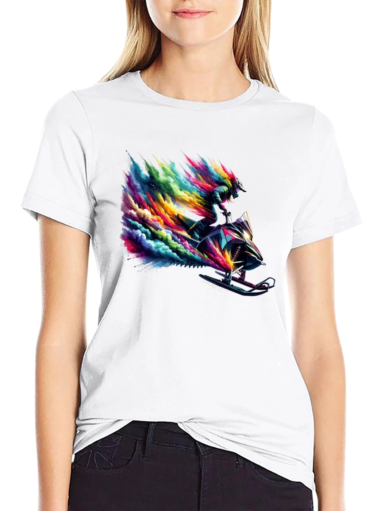 Black Colorful Snowmobile Rider Graphic Tee - Cool Design view 9