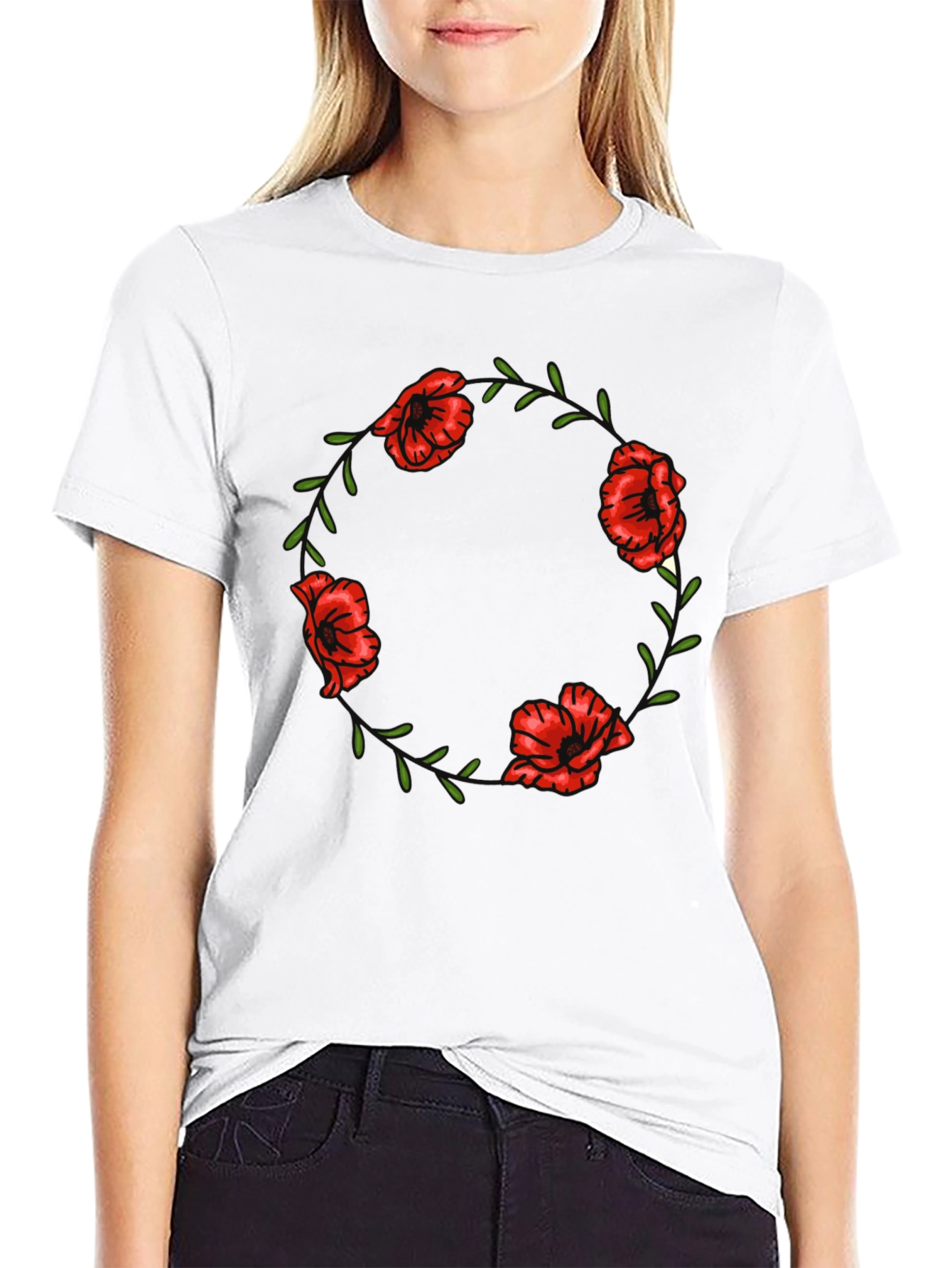 Black Floral Poppy Wreath Graphic Tee - Black Cotton T-Shirt view 9