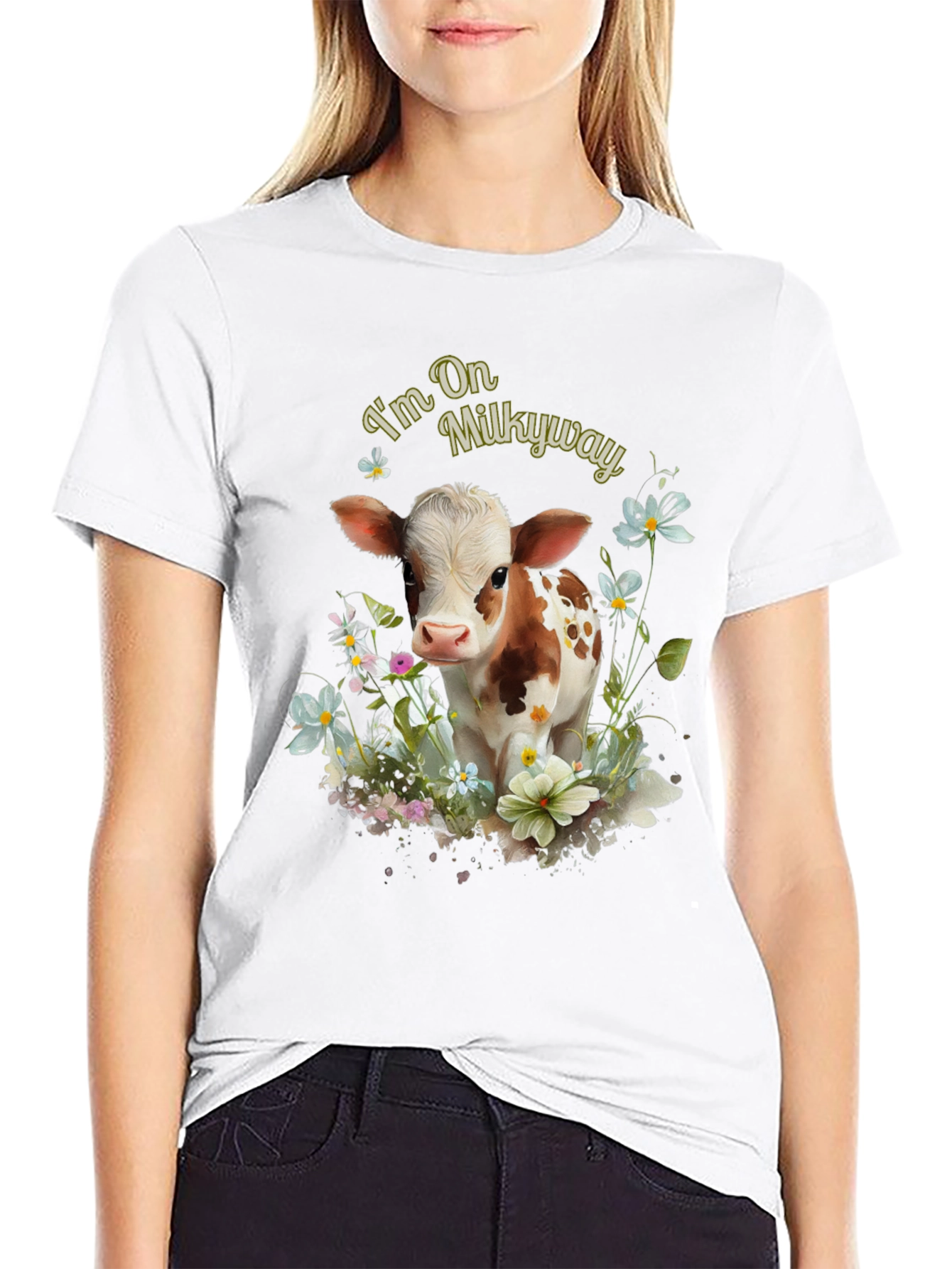 Black I'm On Milkyway Cute Cow Graphic Tee view 9