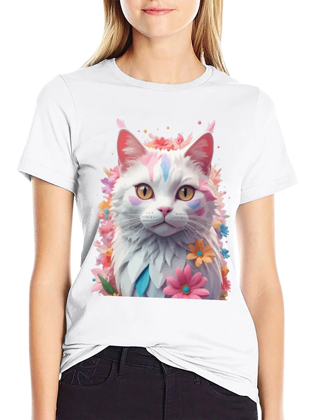 Black Floral Cat T-Shirt - Artistic Graphic Tee view 9