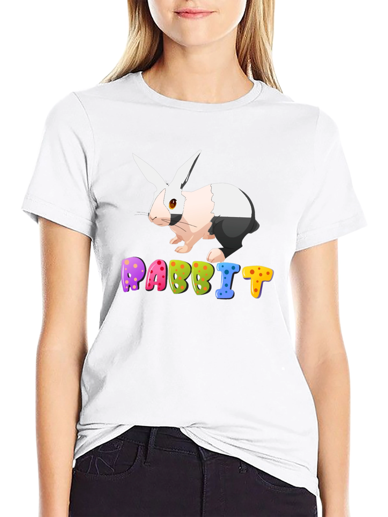 Black Rabbit Graphic Tee - Colorful Cartoon Bunny T-Shirt view 9