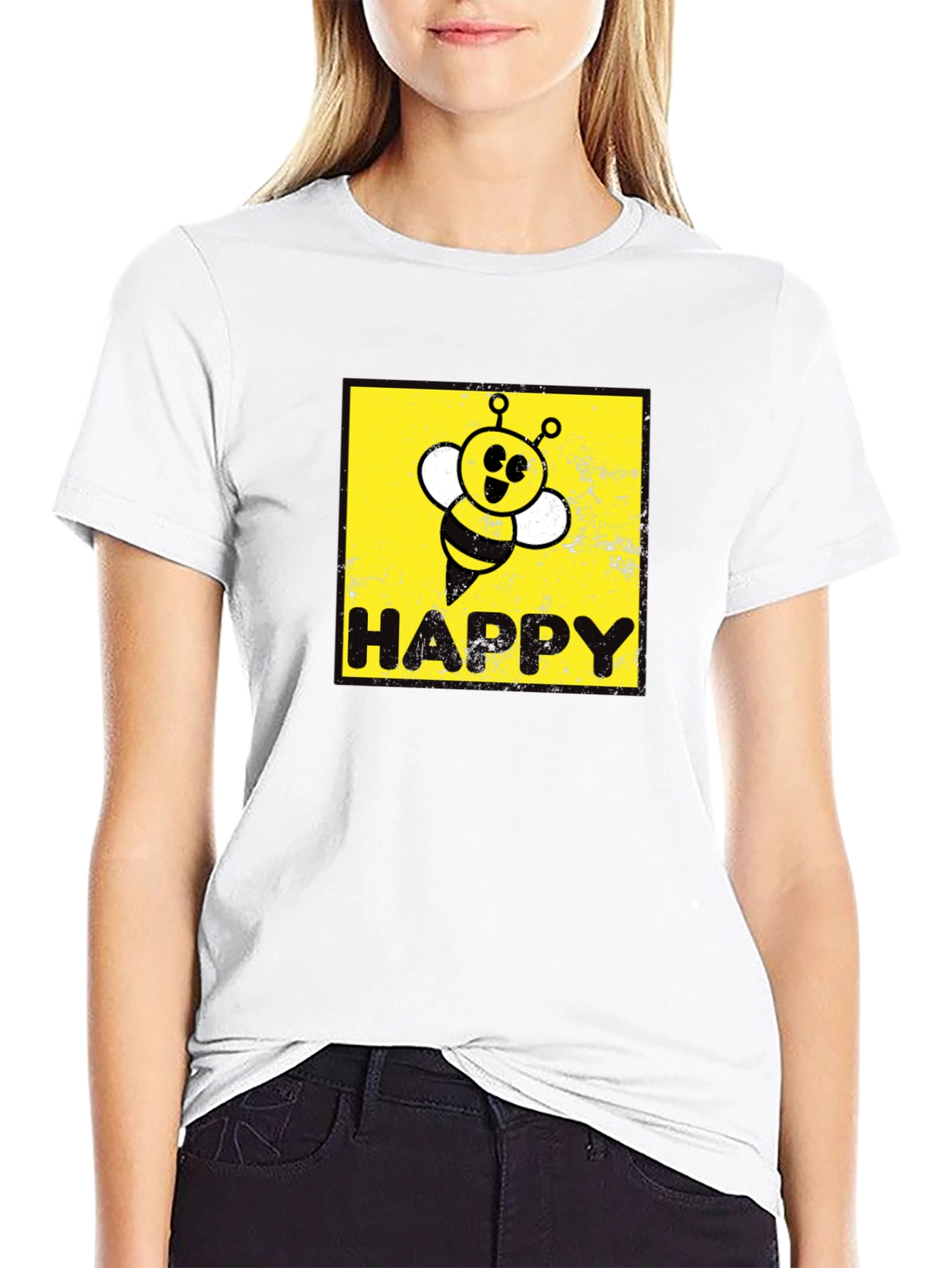 Black Happy Bee Graphic Tee - Black Cotton Blend view 9