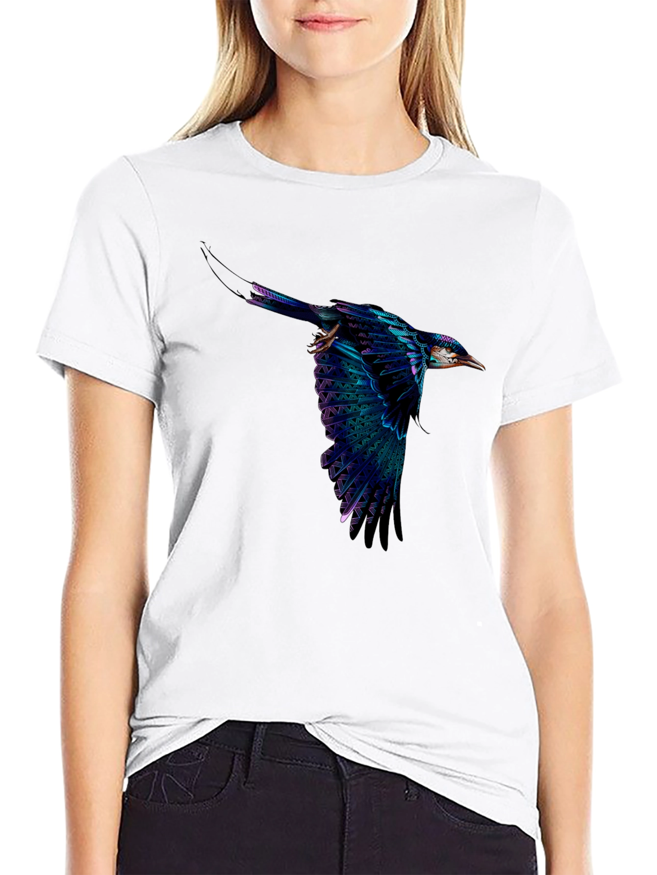 Black Vivid Flying Bird Graphic Black T-Shirt view 9