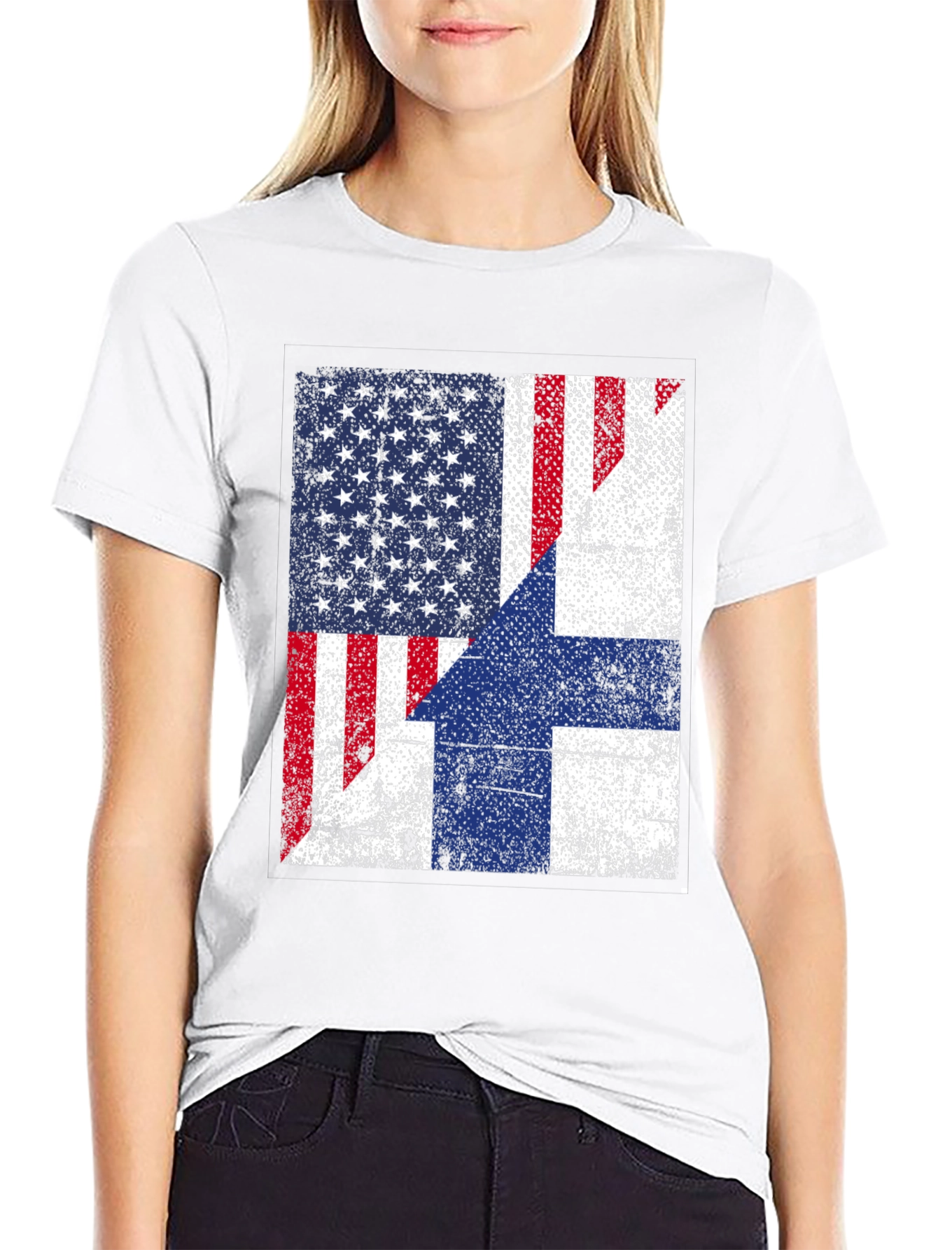 Black USA Finland Flag Graphic Print T-Shirt view 9
