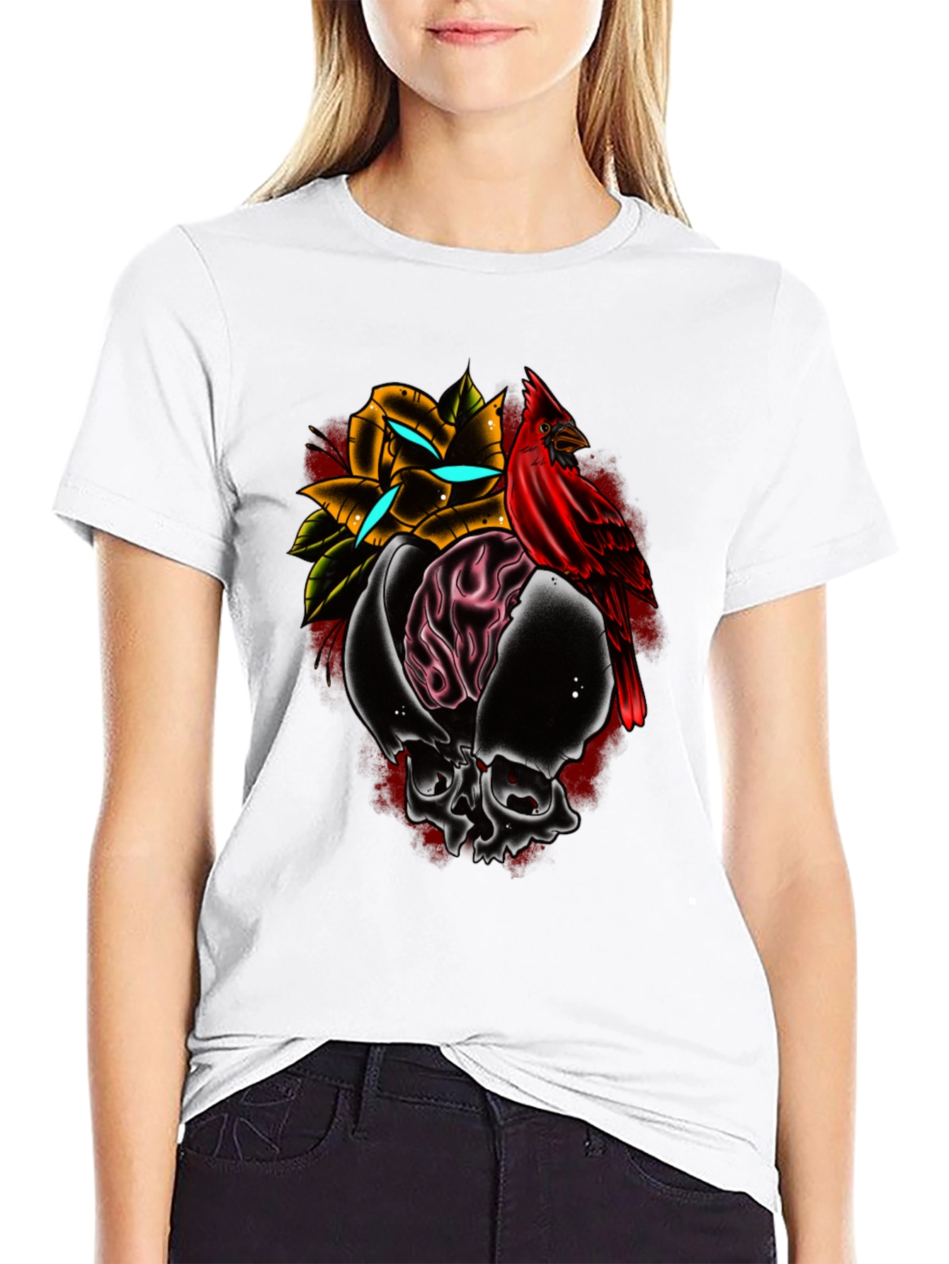 Black Skull Rose Cardinal Graphic Tee - Edgy Menswear view 9