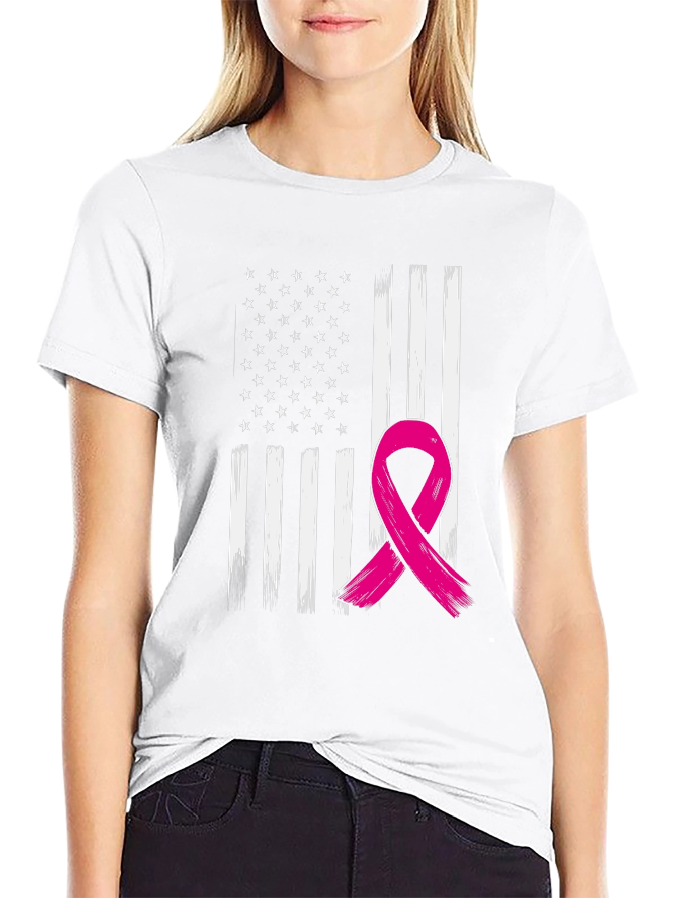 Black American Flag Breast Cancer Awareness T-Shirt view 9