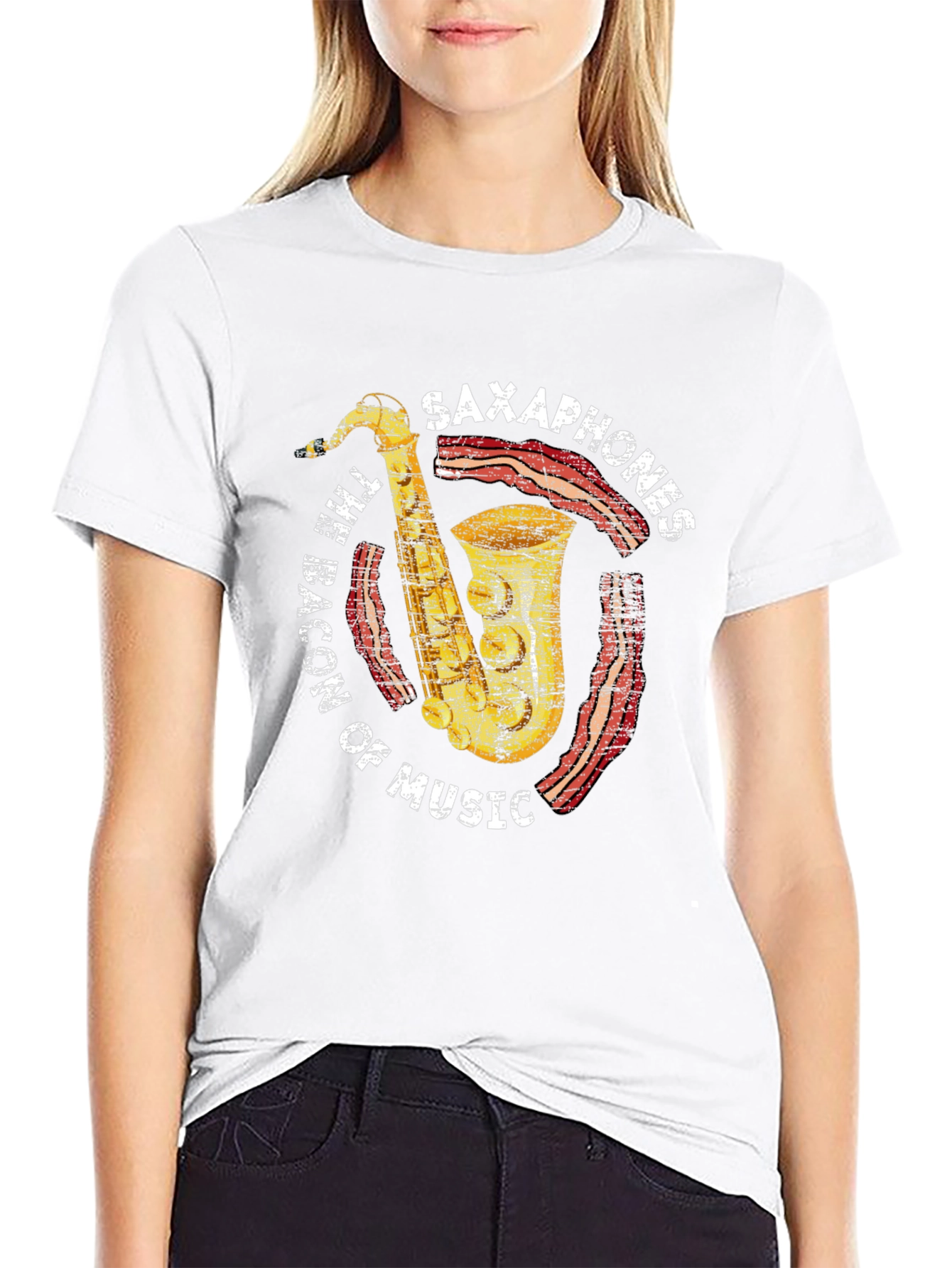 Black Saxophones Bacon of Music Graphic T-Shirt view 9
