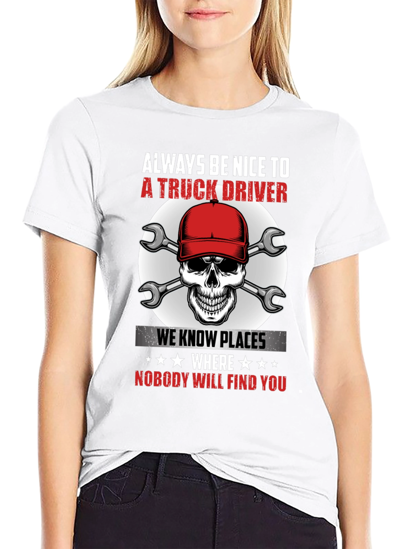 Black Truck Driver T-Shirt: Always Be Nice Funny Skull Tee view 9
