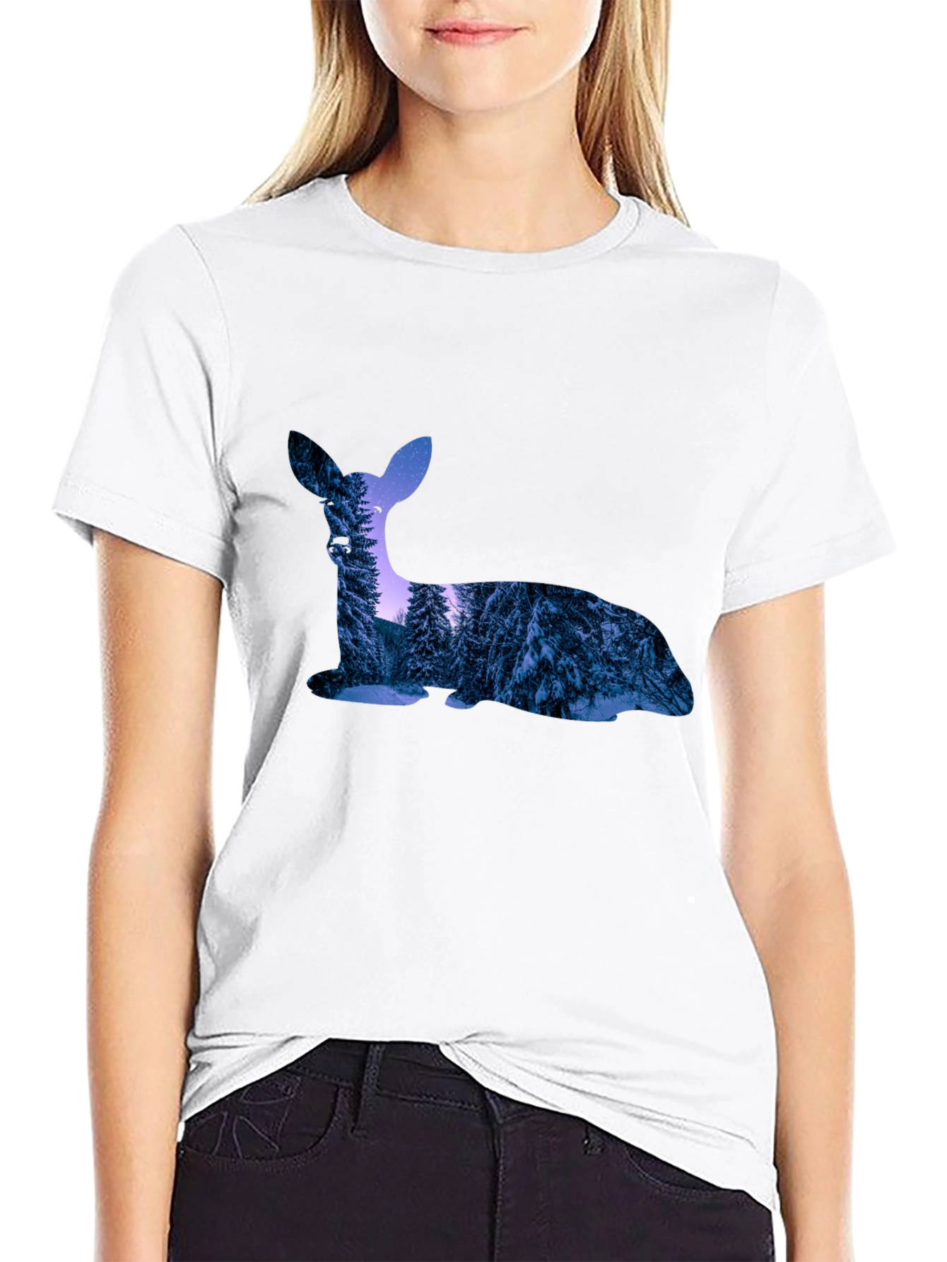 Black Deer Silhouette Winter Forest Graphic T-Shirt view 9
