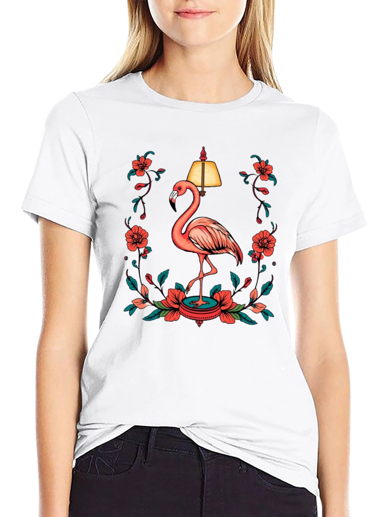 Black Black T-Shirt with Flamingo and Floral Lamp Graphic view 9