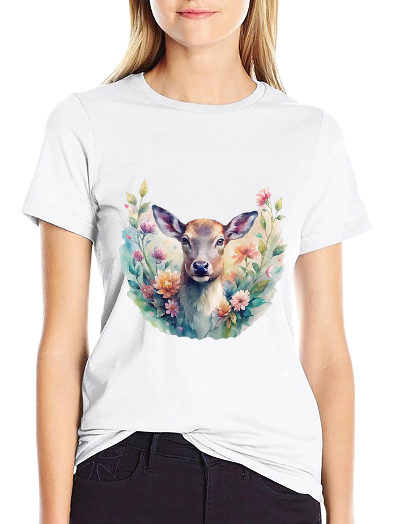 Black Floral Deer Graphic Tee - Stylish Men's Black T-Shirt view 9