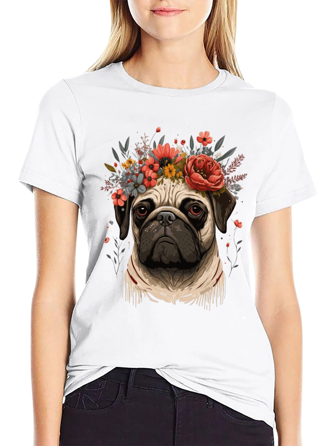 Black Floral Pug Graphic Tee - Black Cotton Blend view 9