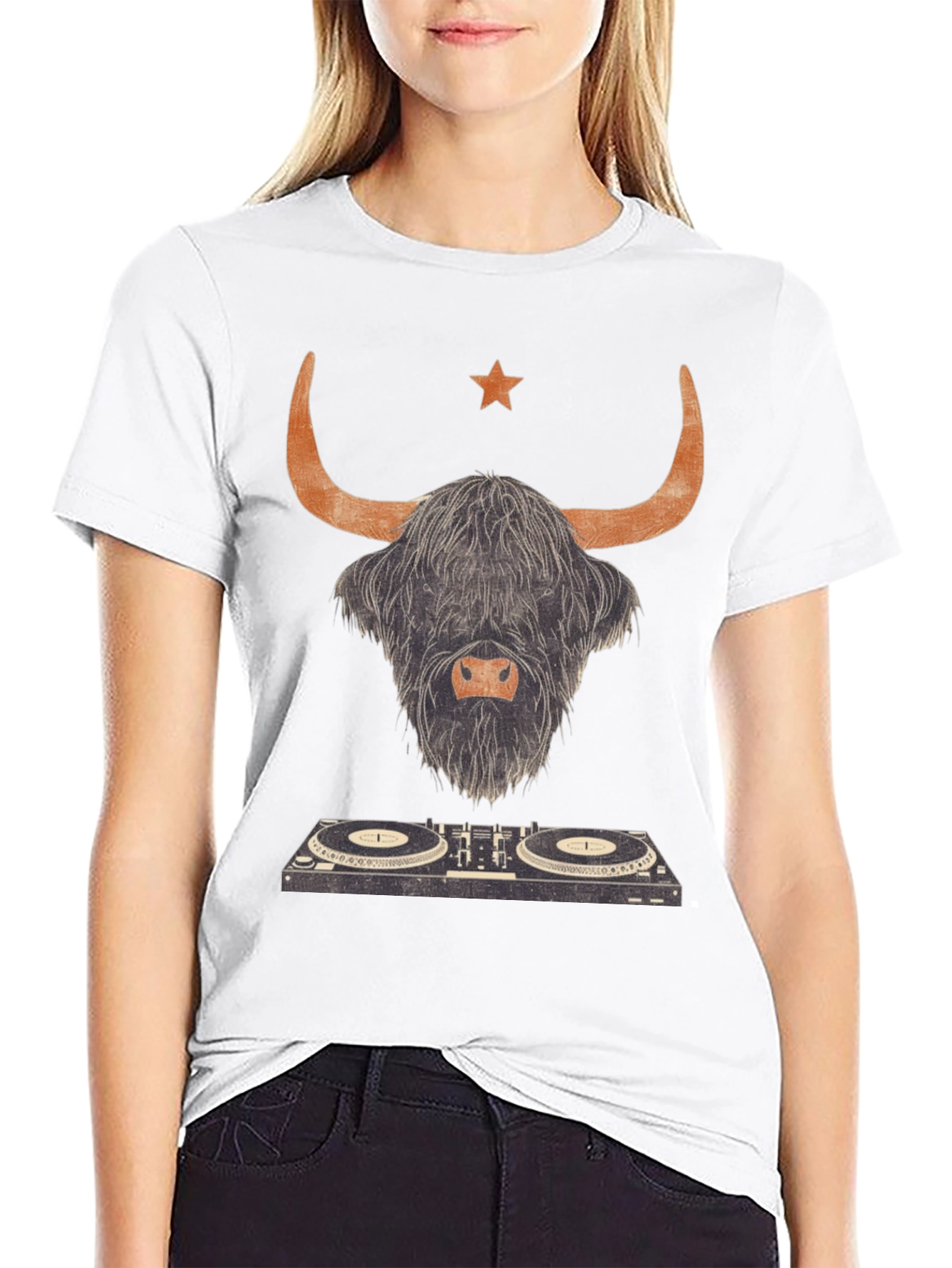 Black Highland Cow DJ Graphic Tee - Black Cotton T-Shirt view 9