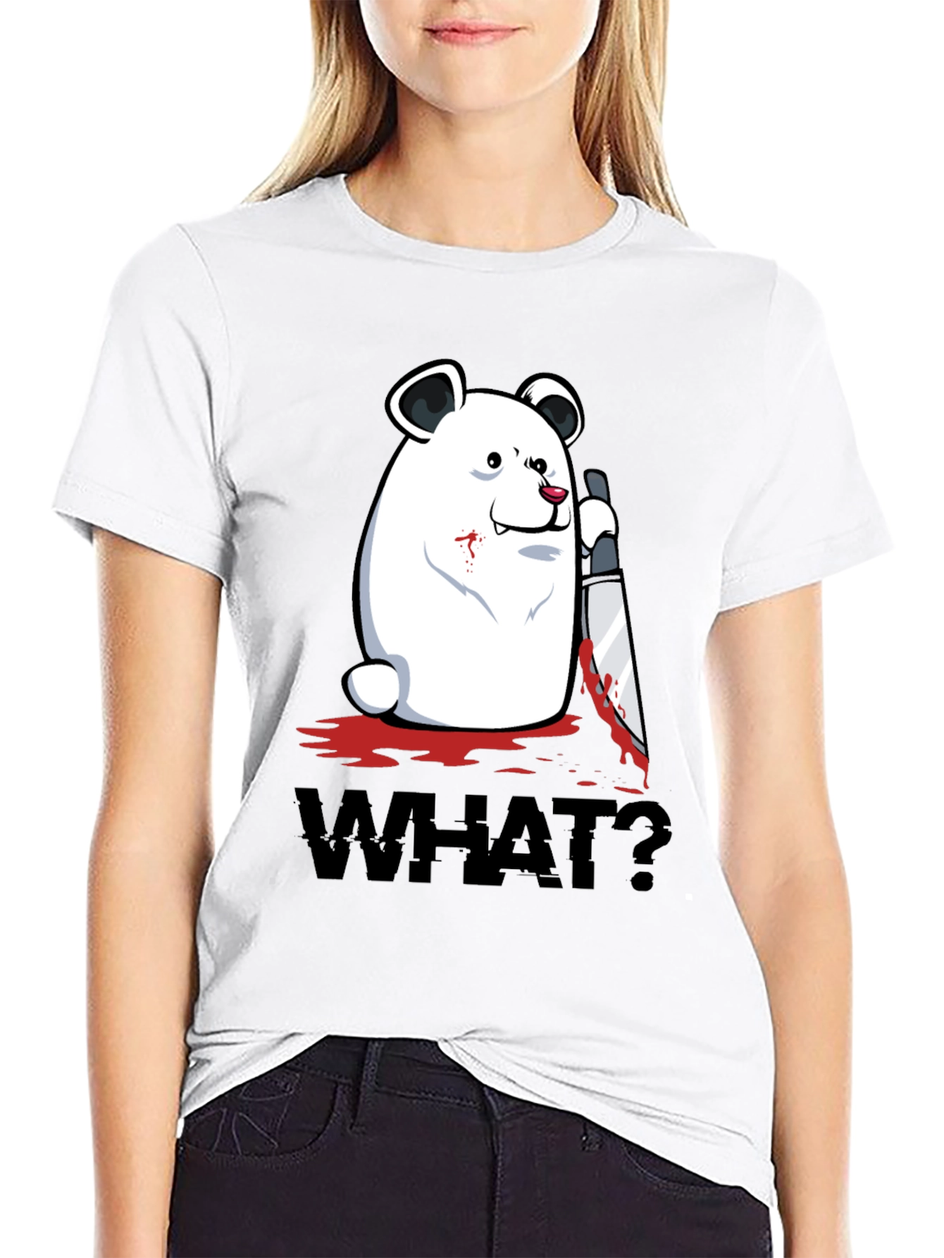 Black Creepy Polar Bear "WHAT?" Graphic T-Shirt view 9