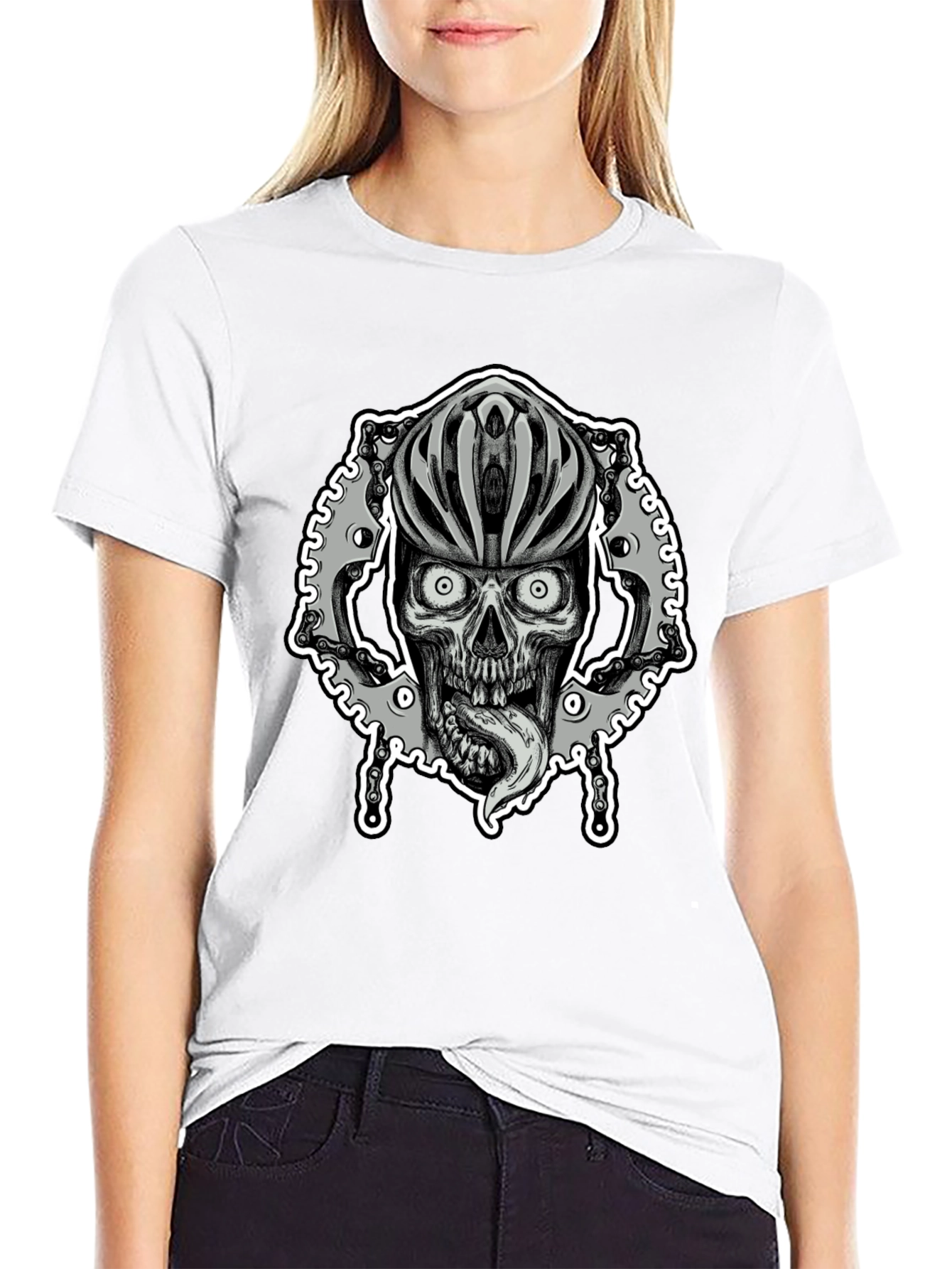 Black Biker Skull Graphic Tee - Black Cotton Blend view 9