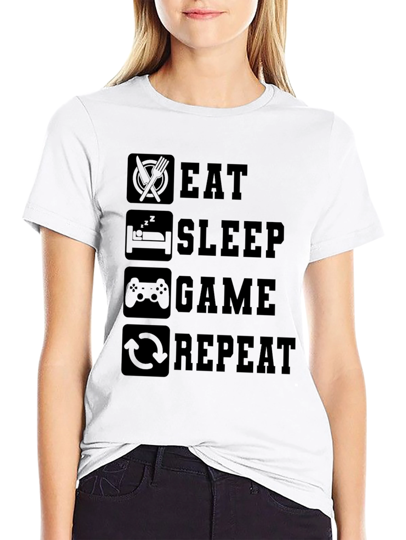 Black Eat Sleep Game Repeat Black Graphic Tee view 9