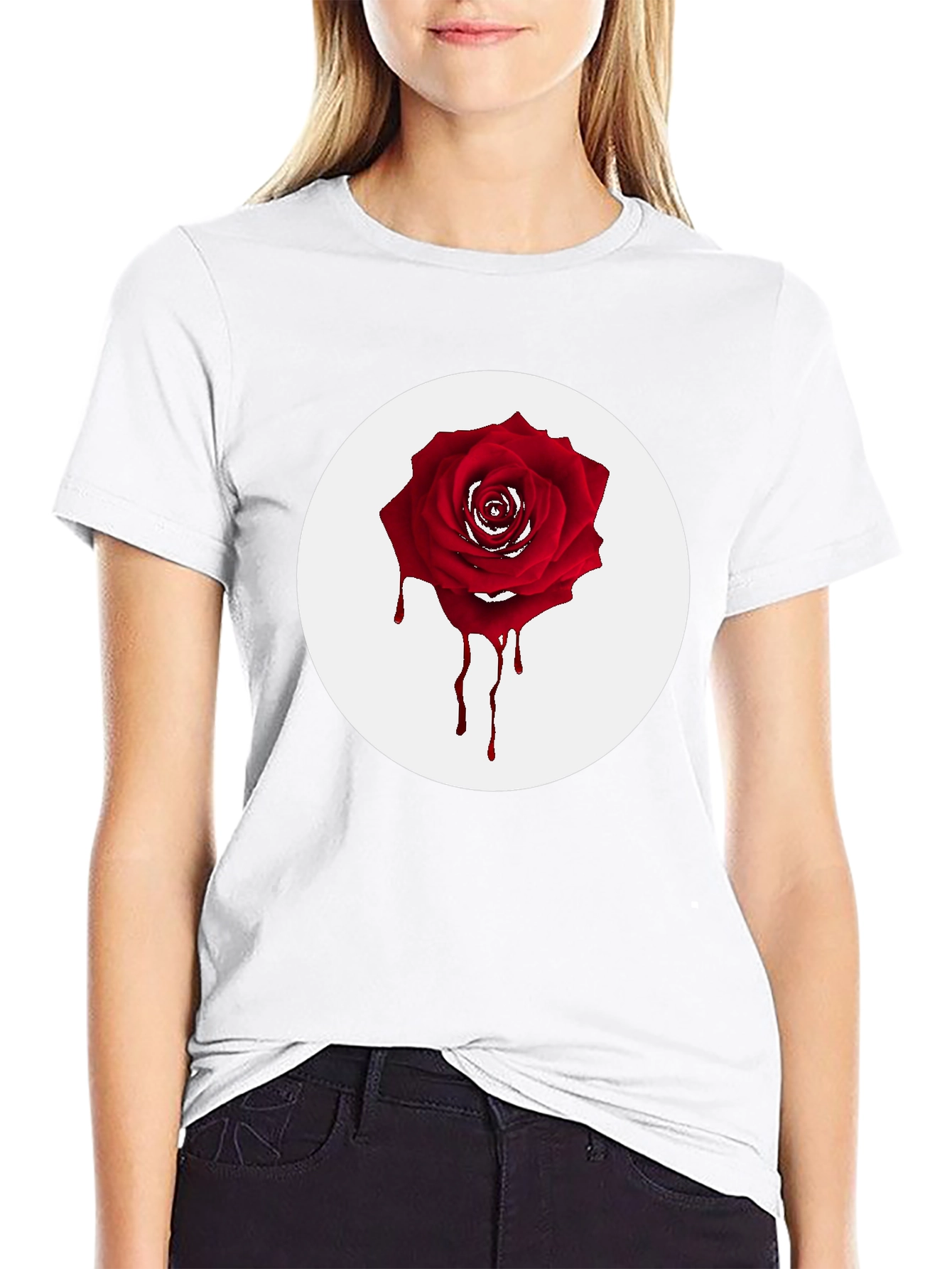 Black Men's Black T-Shirt with Bleeding Rose Graphic view 9